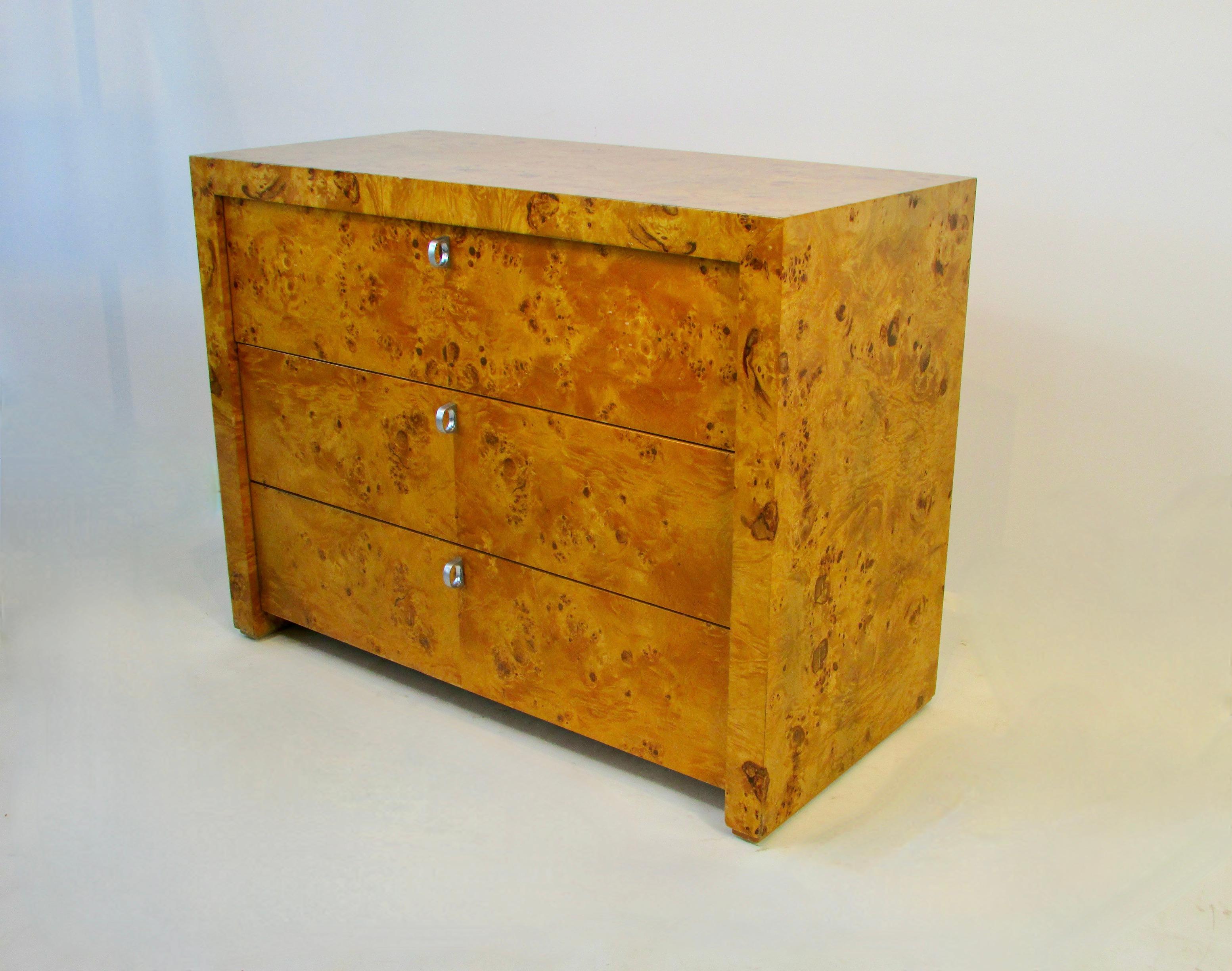 20th Century Pair of Beautifully Grained Blonde Burl Three Drawer Chests Stamped Hekman