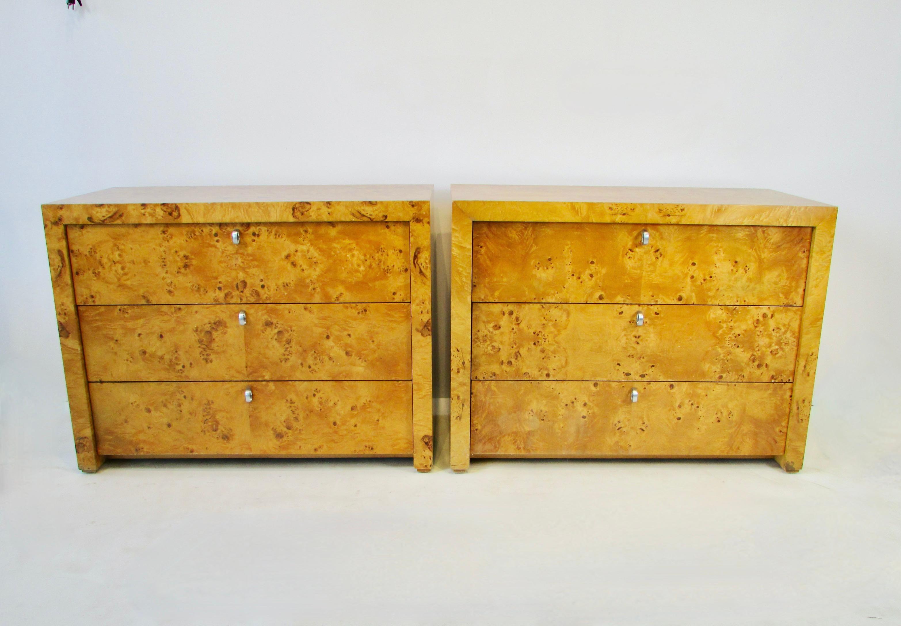 Wood Pair of Beautifully Grained Blonde Burl Three Drawer Chests Stamped Hekman