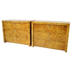 Pair of Beautifully Grained Blonde Burl Three Drawer Chests Stamped Hekman