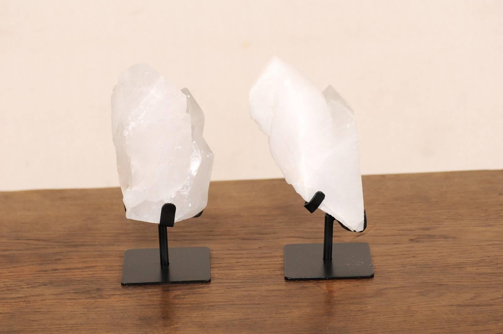 Contemporary Pair of Beautifully Natural Quartz Crystals on Custom Stands from Uruguay