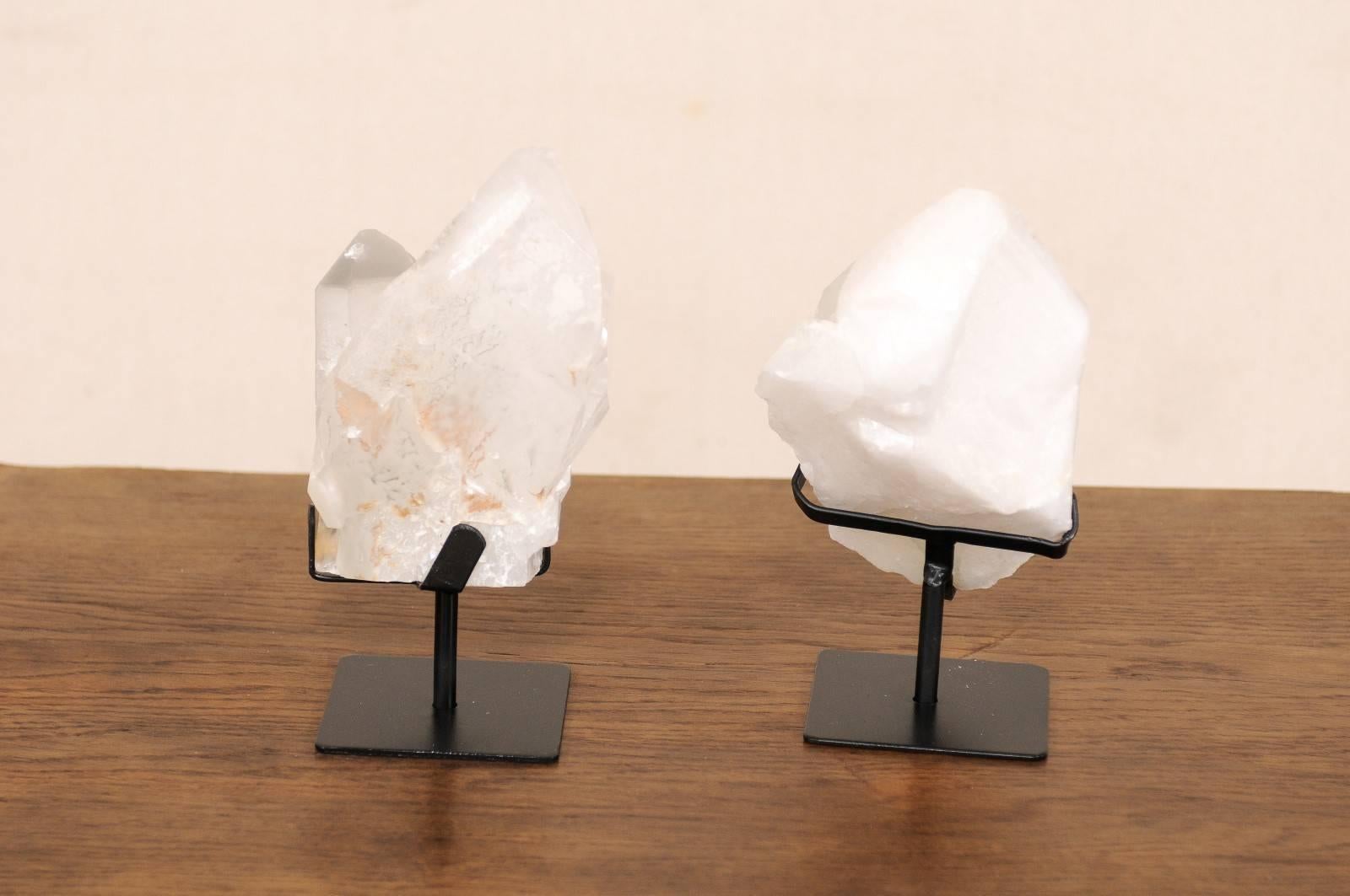 Metal Pair of Beautifully Natural Quartz Crystals on Custom Stands from Uruguay