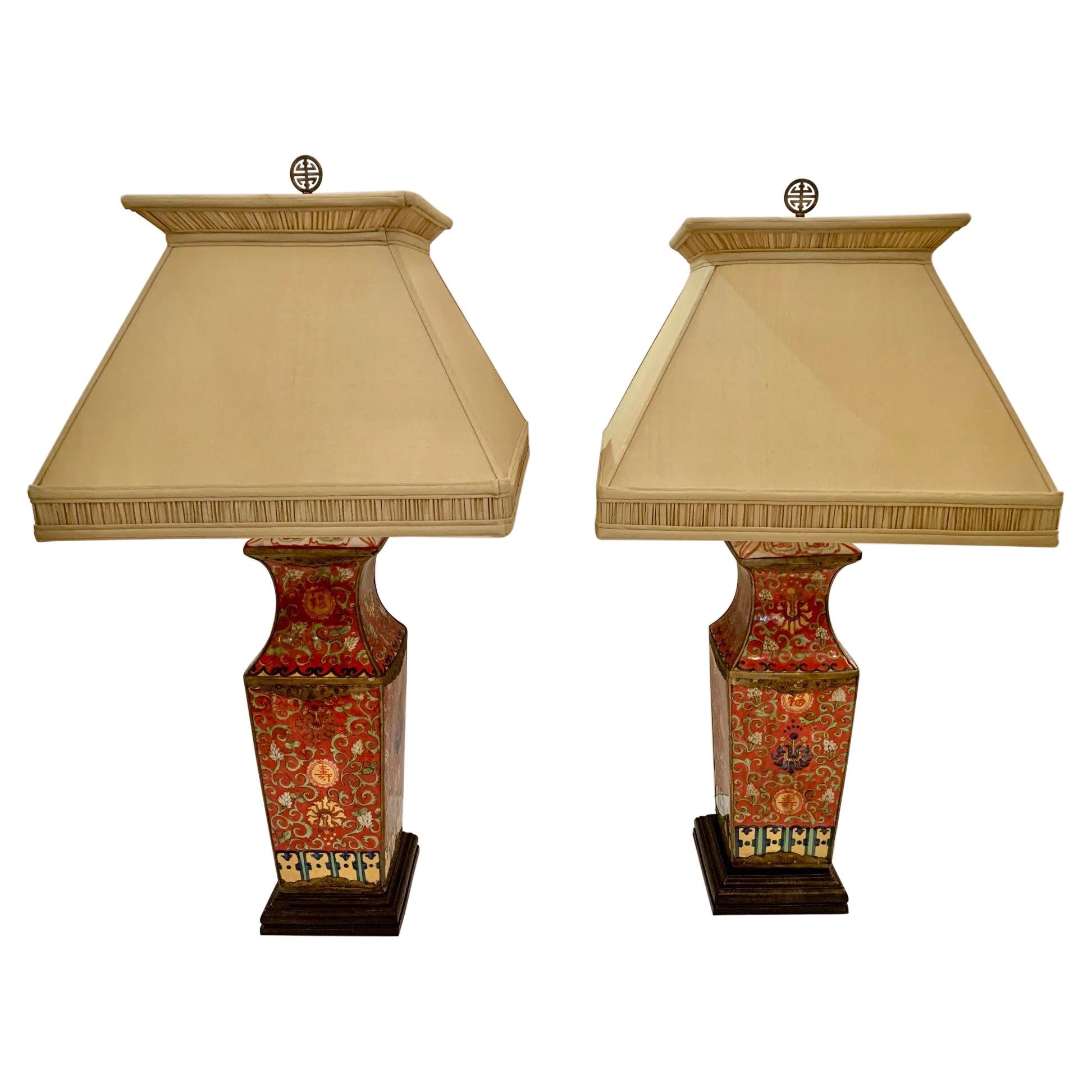 Pair of Beautifully Patterned Chinese Ceramic Table Lamps with Custom Shades