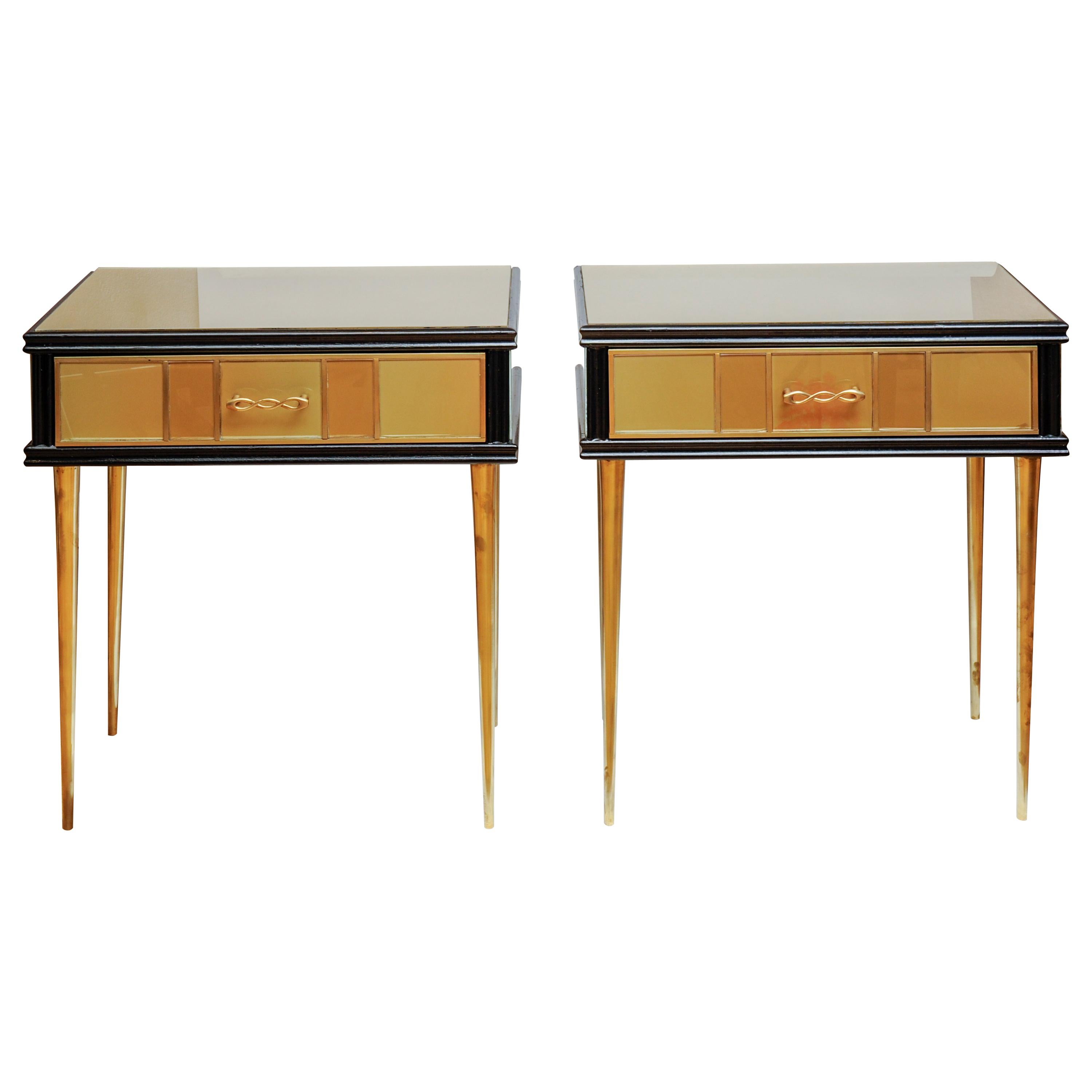 Pair of Bed Side or Commodes in Teinted Glass with One Drawer