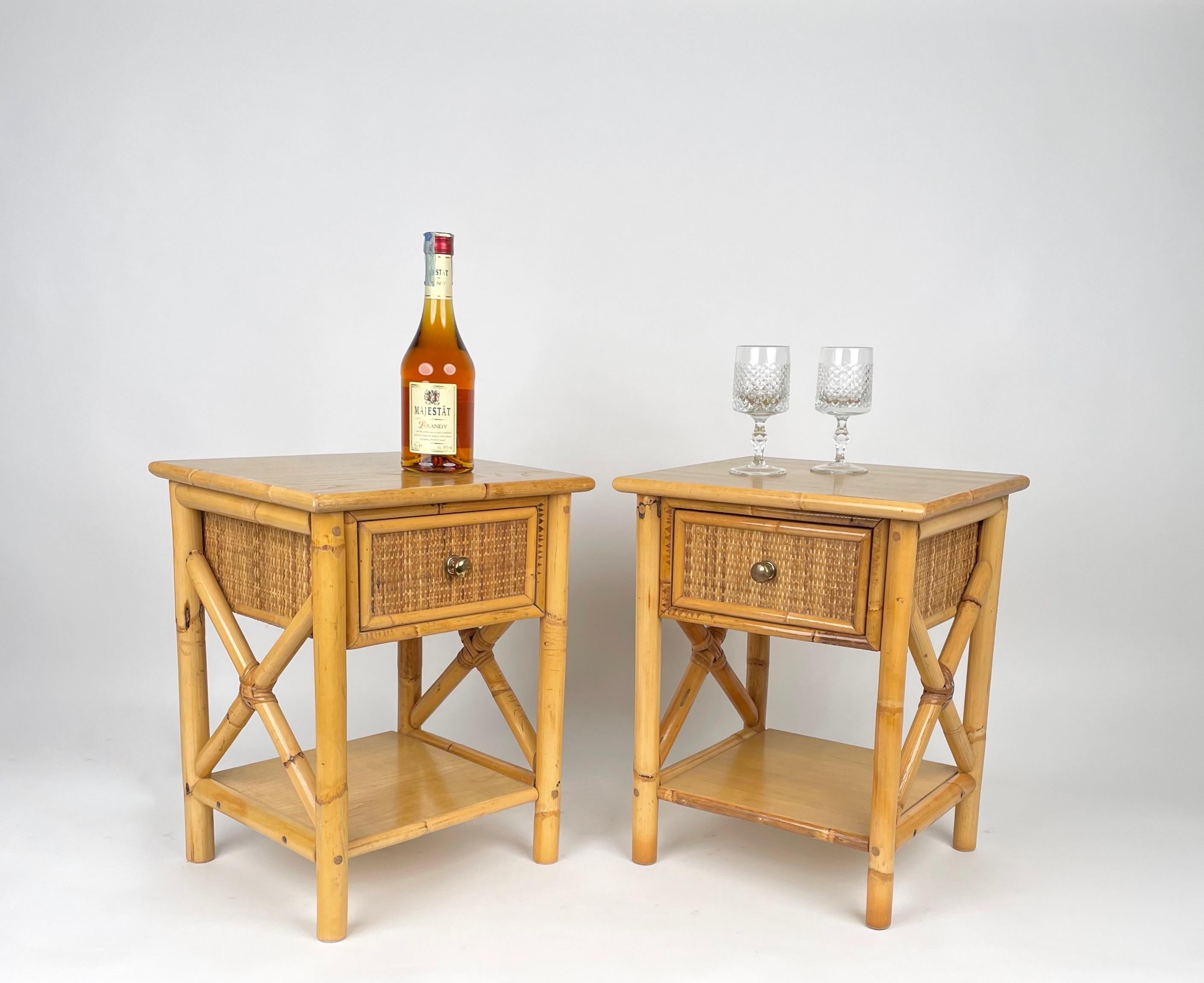 Italian Pair of Bed Side Tables in Bamboo, Rattan & Wood, Italy 1980s For Sale