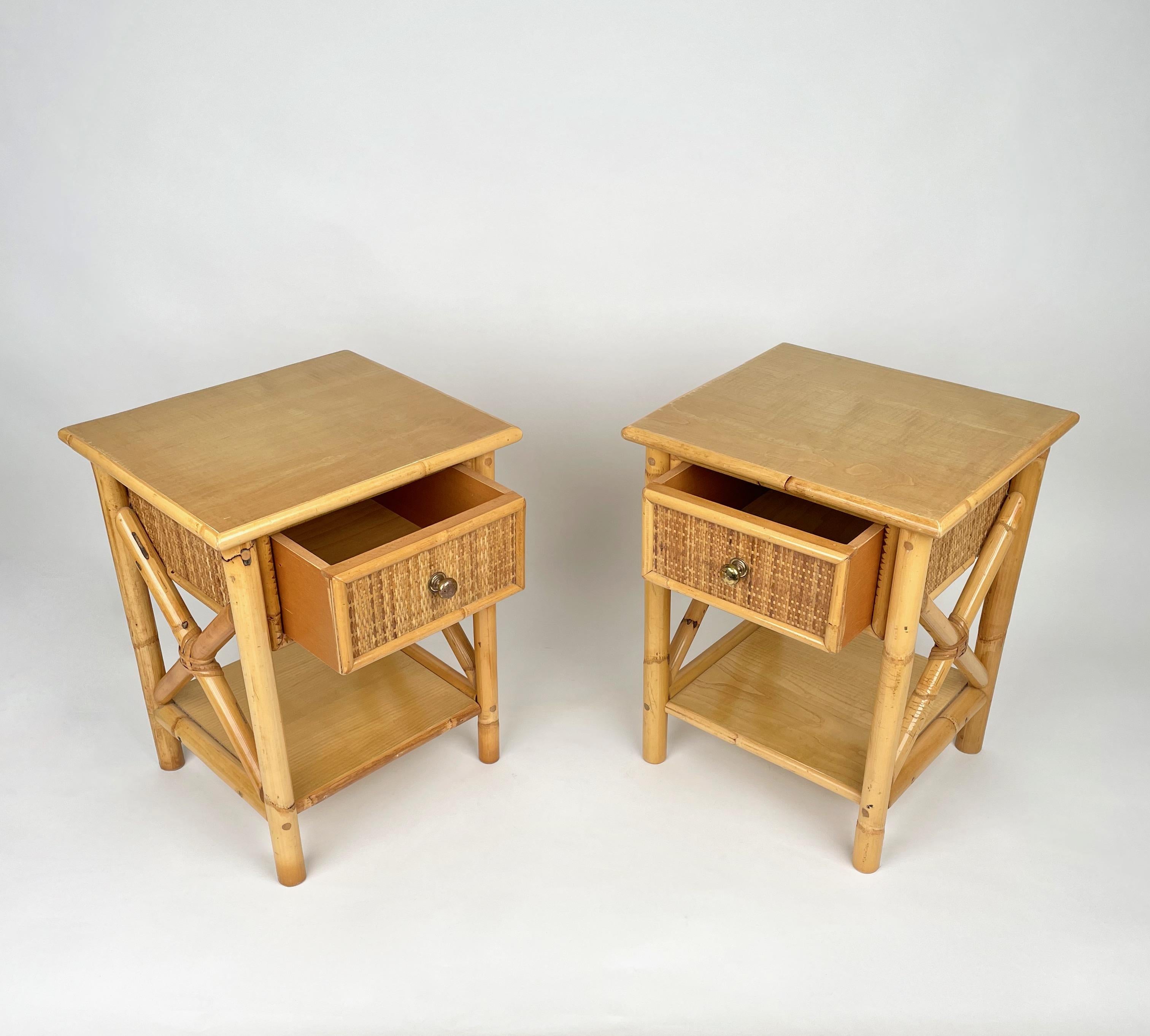 Late 20th Century Pair of Bed Side Tables in Bamboo, Rattan & Wood, Italy 1980s For Sale