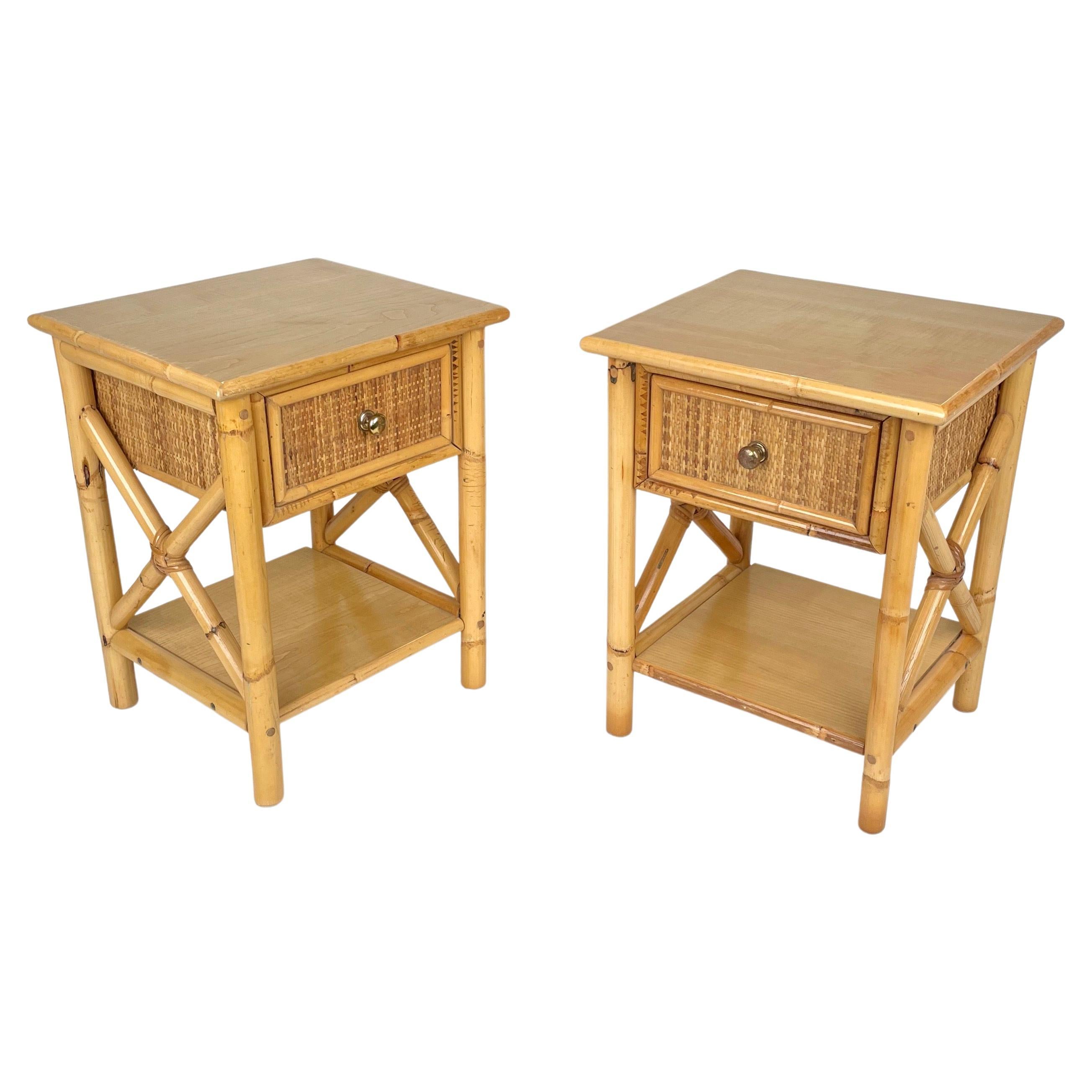 Pair of Bed Side Tables in Bamboo, Rattan & Wood, Italy 1980s For Sale