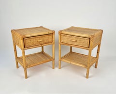 Pair of Bed Side Tables Nightstands in Bamboo & Rattan, Italy 1970s