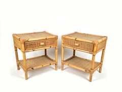Pair of Bed Side Tables Nightstands in Bamboo & Rattan, Italy 1970s