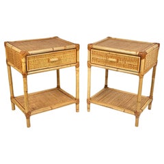 Pair of Bed Side Tables Nightstands in Bamboo & Rattan, Italy 1970s