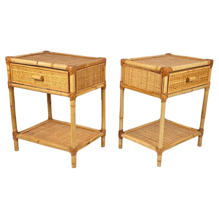 Pair of Bed Side Tables Nightstands in Bamboo and Rattan, Italy 1970s