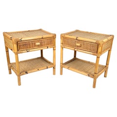 Pair of Bed Side Tables Nightstands in Bamboo & Rattan, Italy 1970s
