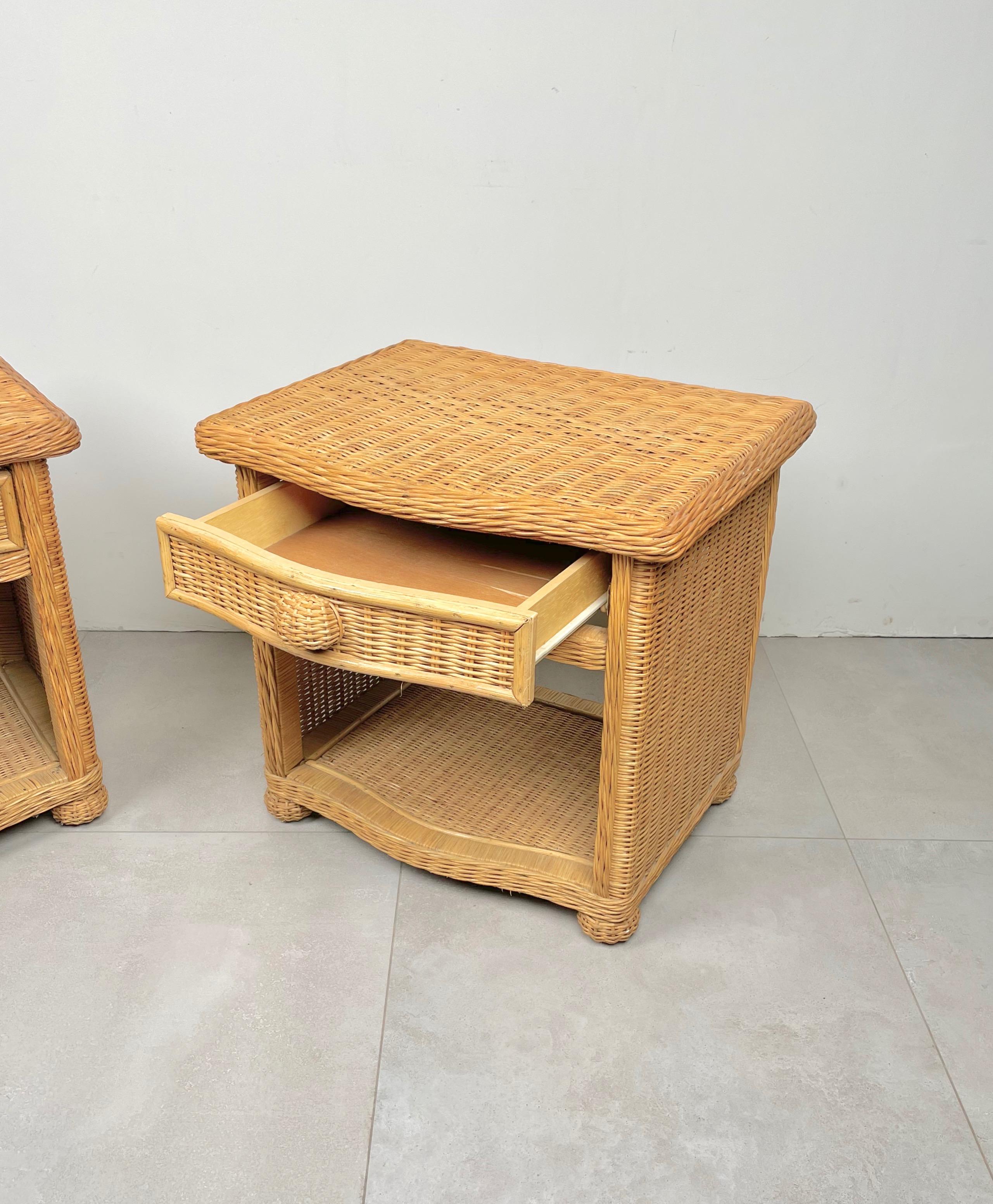 Pair of Bed Side Tables Rattan & Wicker Attributed to Vivai Del Sud, Italy 1970s 4