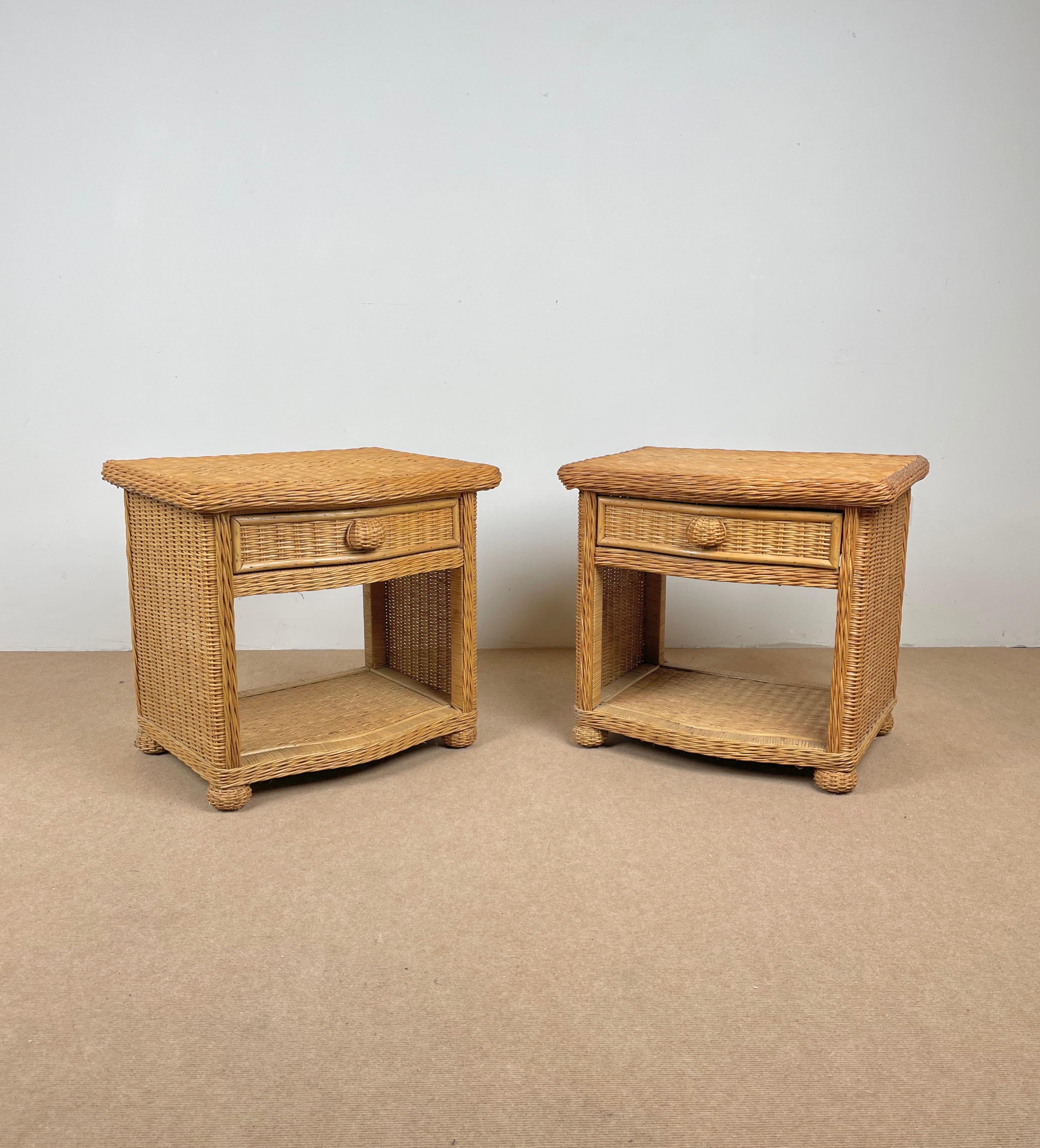 Mid-Century Modern Pair of Bed Side Tables Rattan & Wicker Attributed to Vivai Del Sud, Italy 1970s