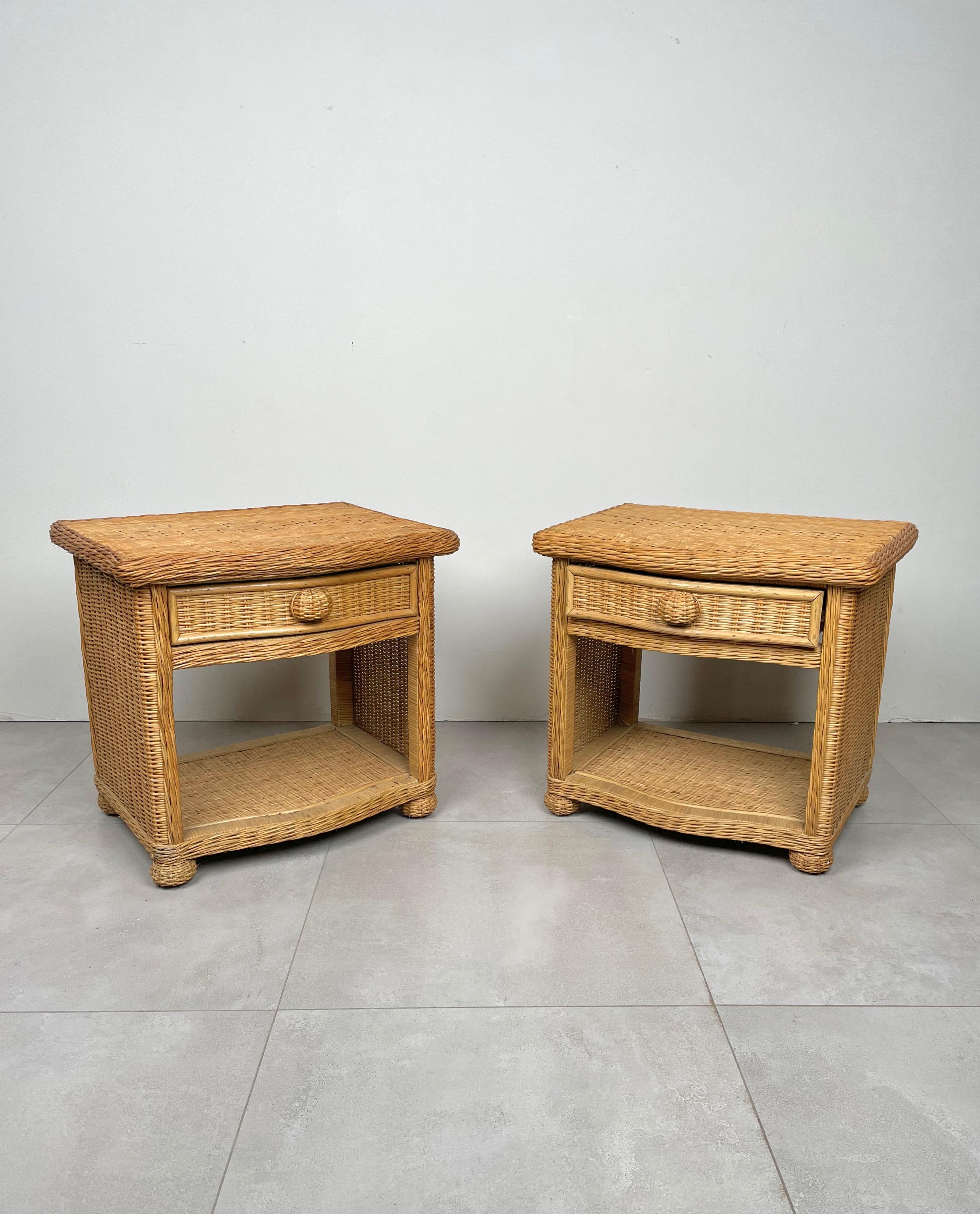 Italian Pair of Bed Side Tables Rattan & Wicker Attributed to Vivai Del Sud, Italy 1970s