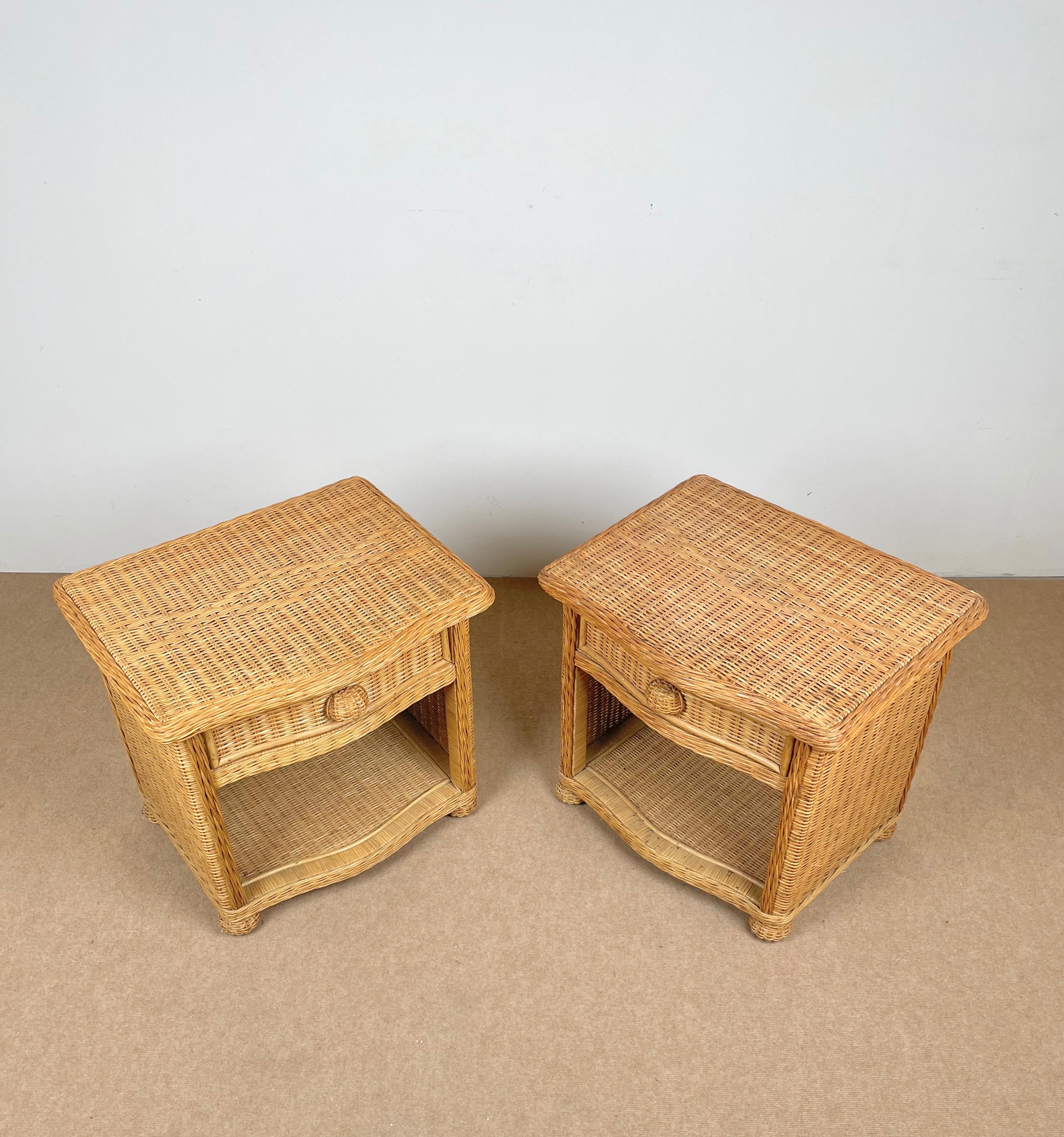 Pair of Bed Side Tables Rattan & Wicker Attributed to Vivai Del Sud, Italy 1970s In Good Condition In Rome, IT