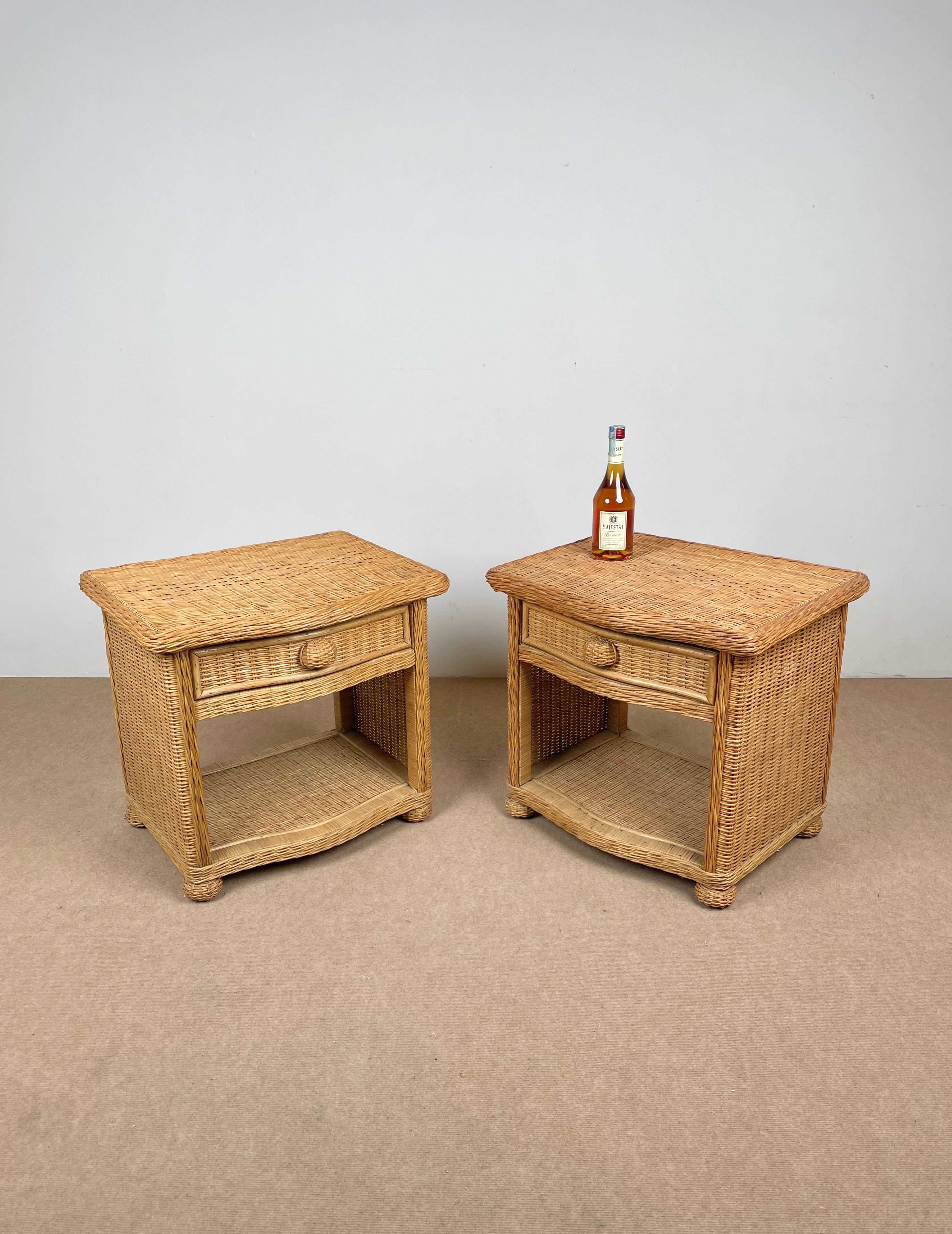 Late 20th Century Pair of Bed Side Tables Rattan & Wicker Attributed to Vivai Del Sud, Italy 1970s