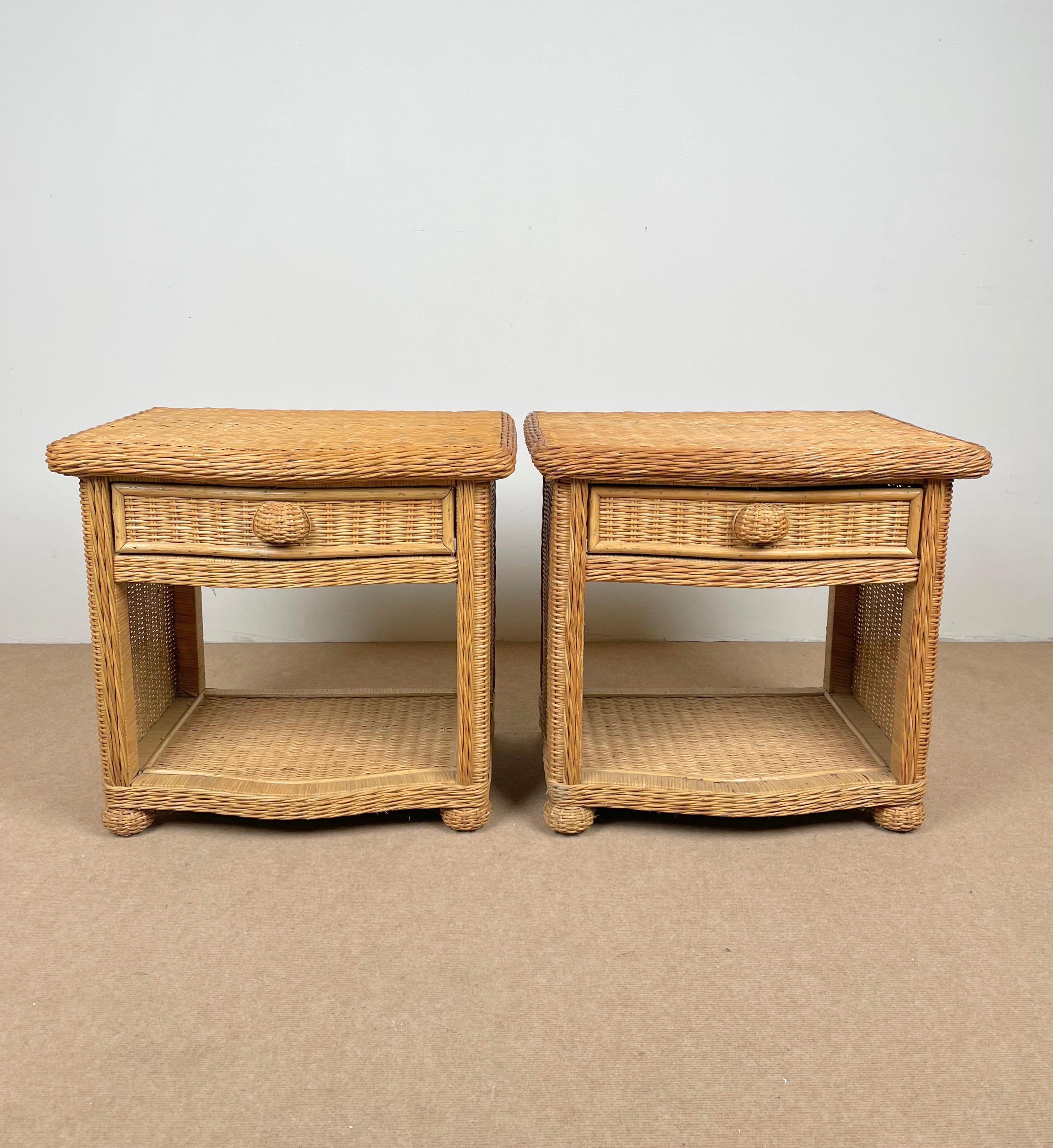 Pair of Bed Side Tables Rattan & Wicker Attributed to Vivai Del Sud, Italy 1970s 1