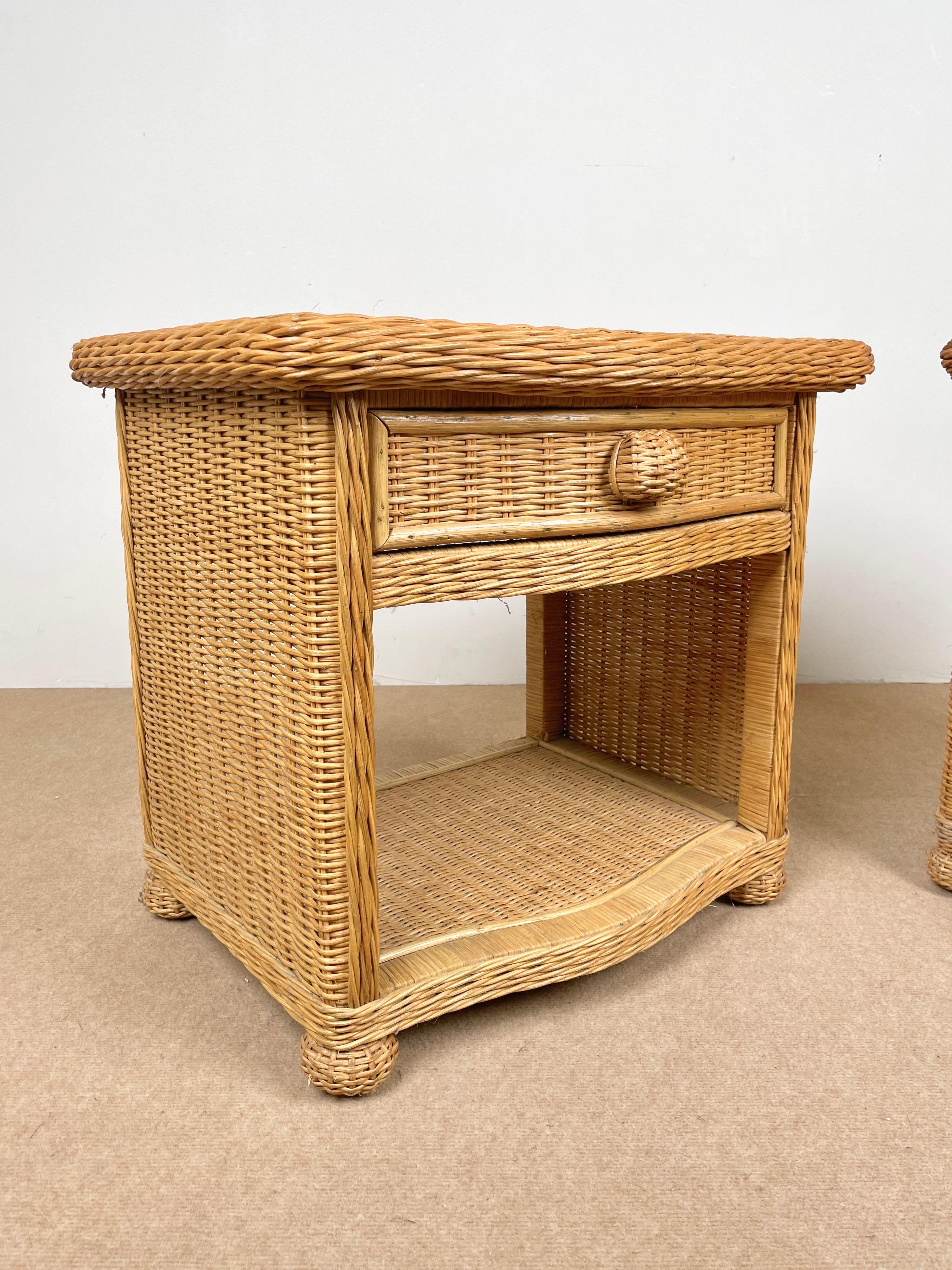 Pair of Bed Side Tables Rattan & Wicker Attributed to Vivai Del Sud, Italy 1970s 2