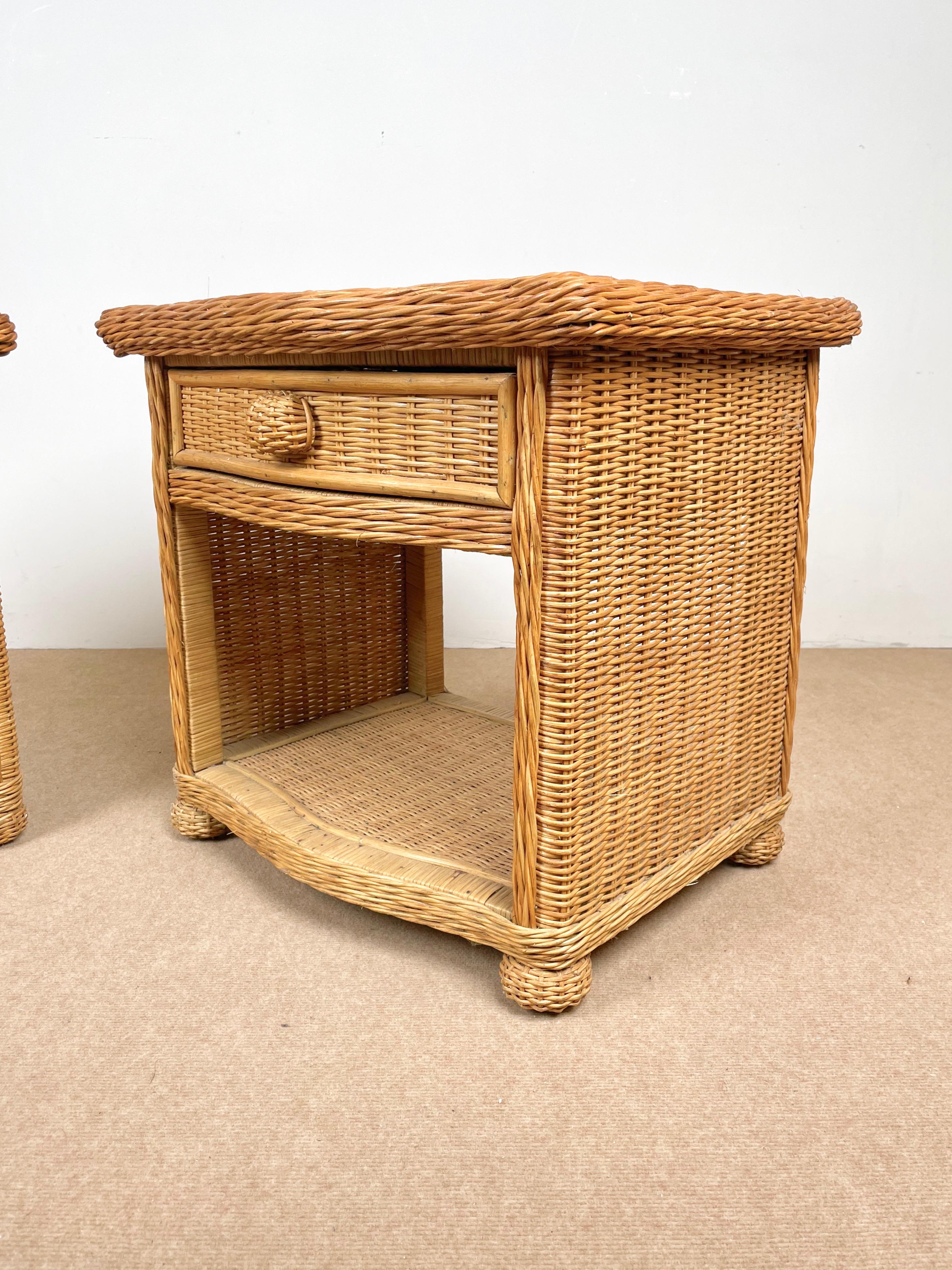 Pair of Bed Side Tables Rattan & Wicker Attributed to Vivai Del Sud, Italy 1970s 3