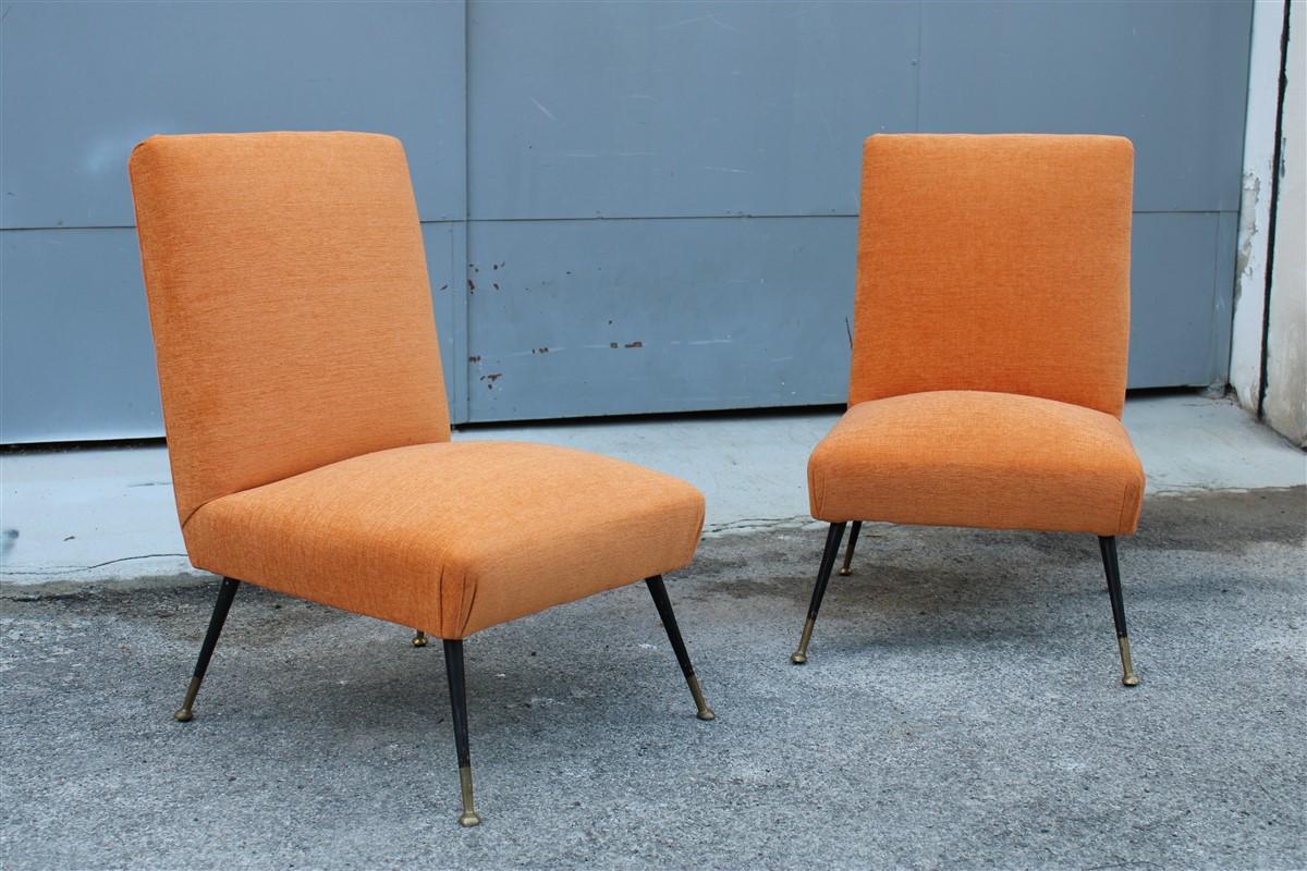 Pair of Bedroom Chairs Gigi Radice Minotti Velvet Orange Brass and Metal Feet For Sale 1