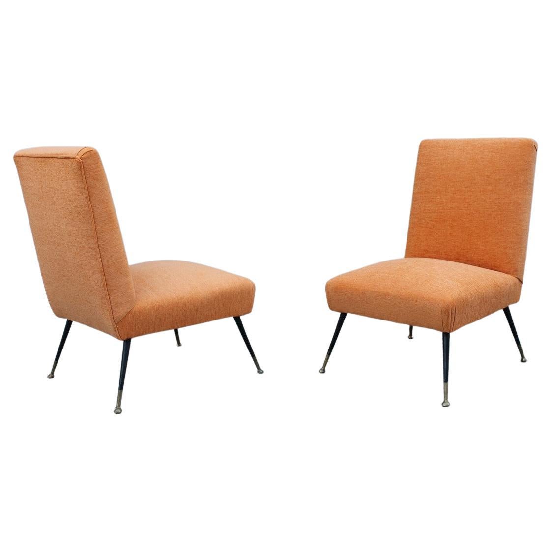 Pair of Bedroom Chairs Gigi Radice Minotti Velvet Orange Brass and Metal Feet For Sale