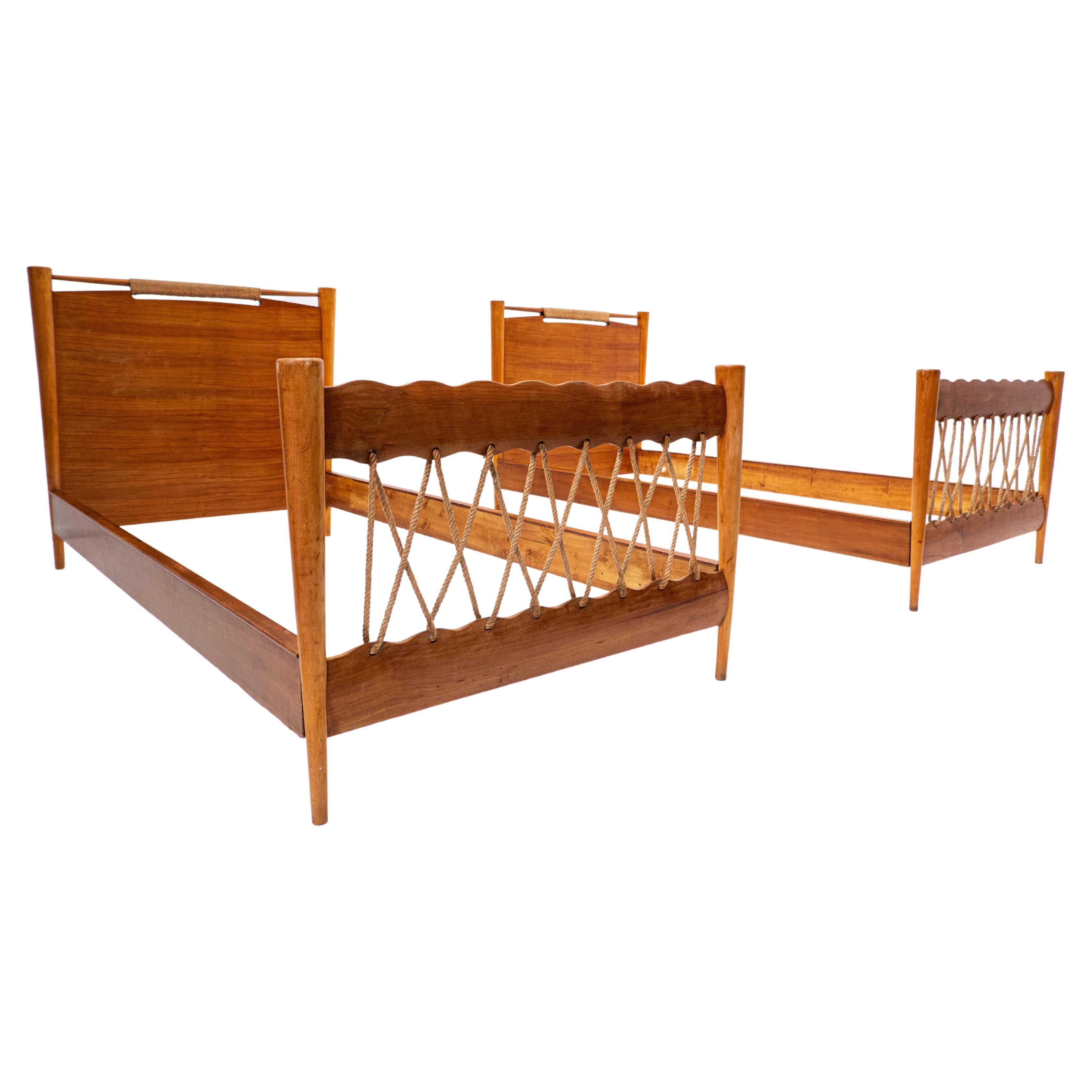 Pair of Beds Attributed to Guglielmo Pecorini, Cherry Wood, Italy, 1940s For Sale