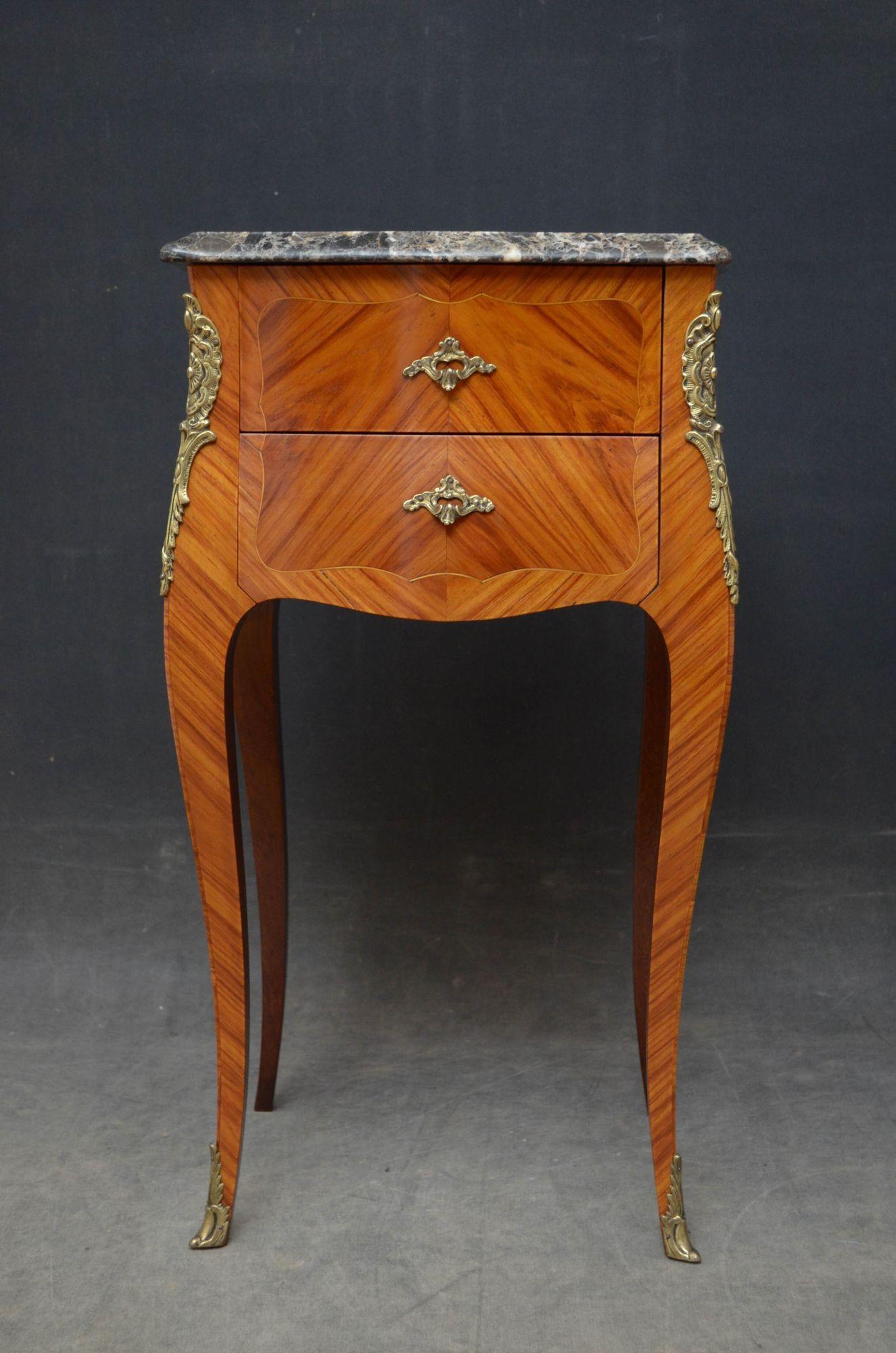 Sn5292 Pair of elegant kingwood bedside drawers, each having original serpentine marble top above two string inlaid drawers fitted with original handles and flanked by decorative ormolu, all standing on cabriole legs and sabots. This pair of bedside