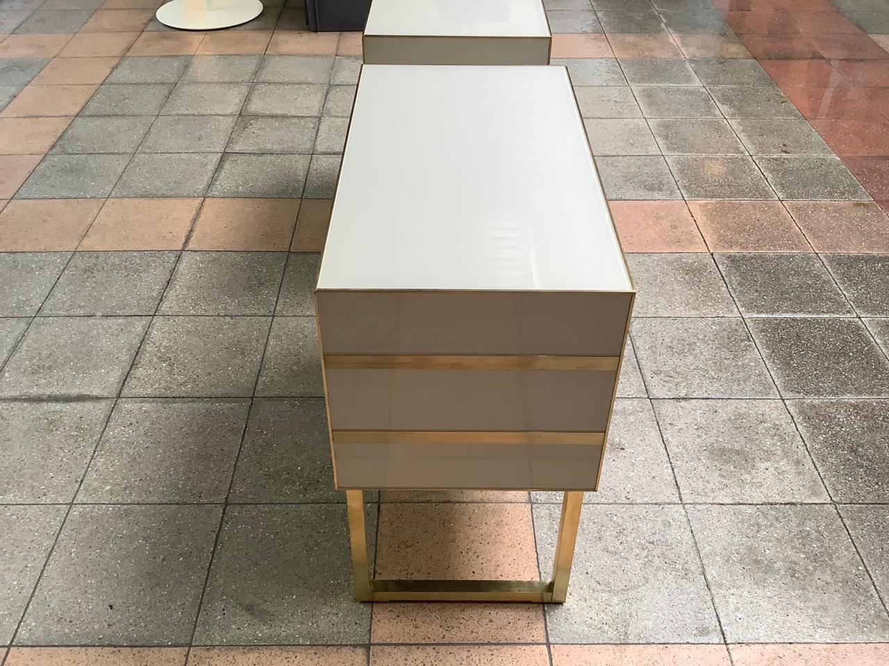 Spanish Pair of Bedside in Tinted Glass and Brass with Two Drawers