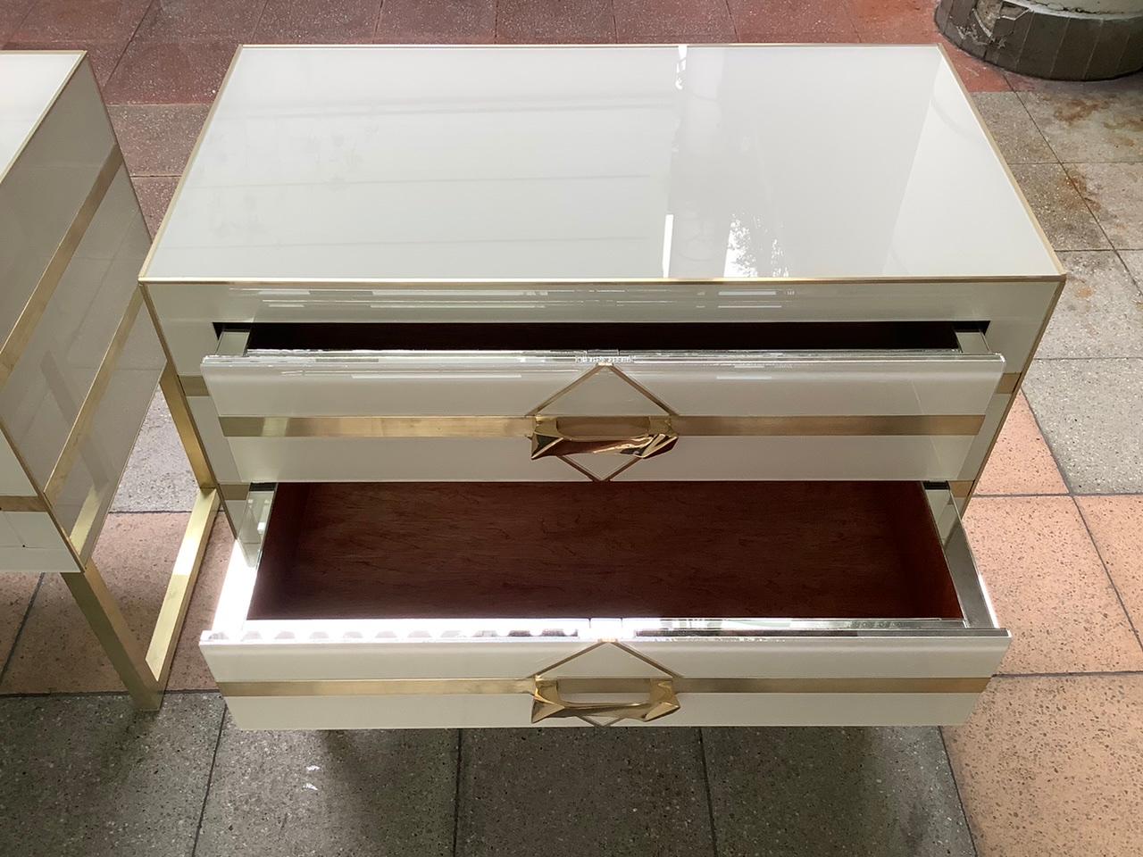 Pair of Bedside in Tinted Glass and Brass with Two Drawers In Good Condition In Saint ouen, FR