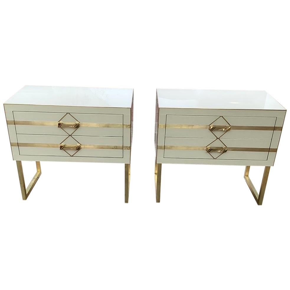 Pair of Bedside in Tinted Glass and Brass with Two Drawers