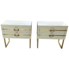 Pair of Bedside in Tinted Glass and Brass with Two Drawers