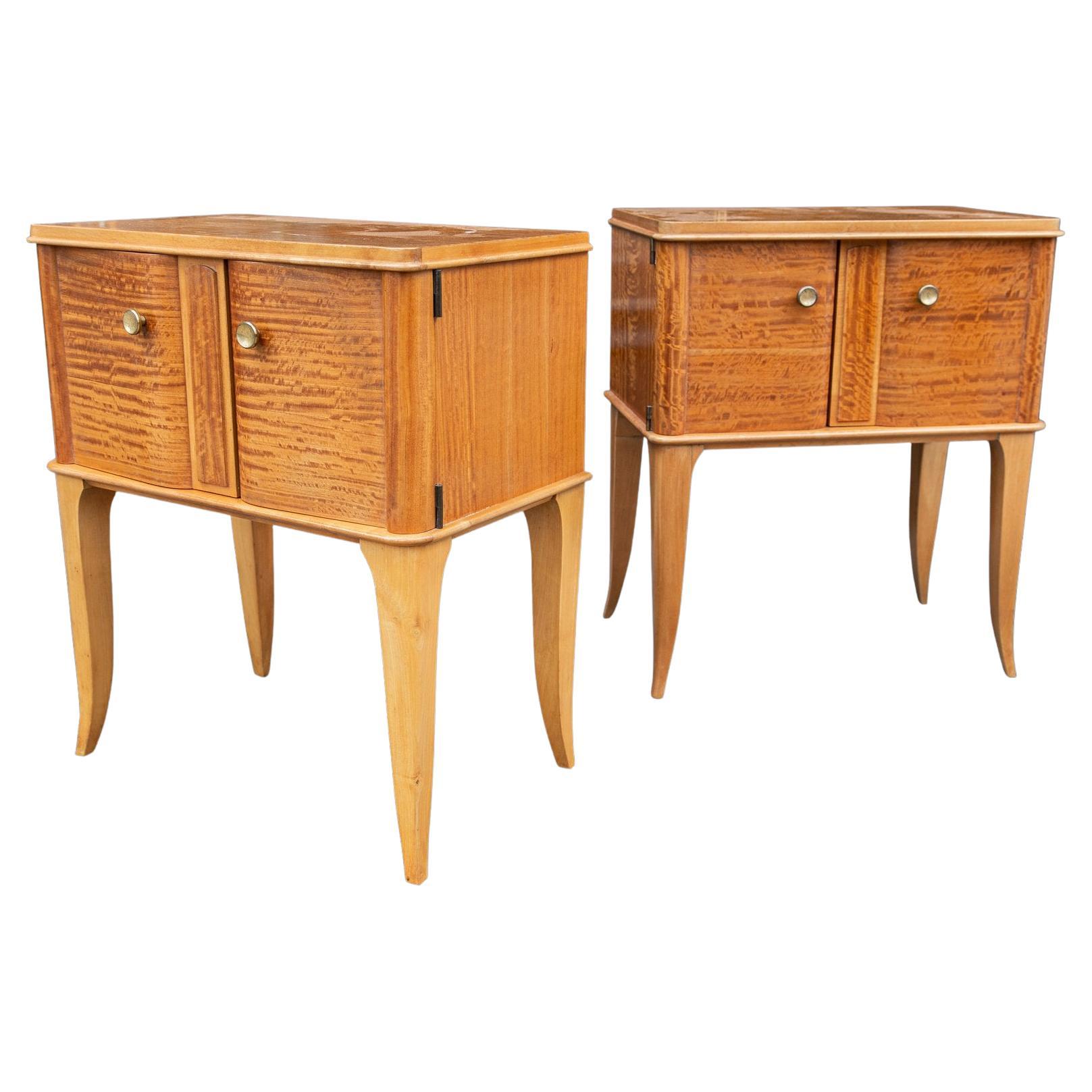 Pair of Bedside Satin Birch Bedside Cabinets Manner of Jean Pascaud, France 1940
