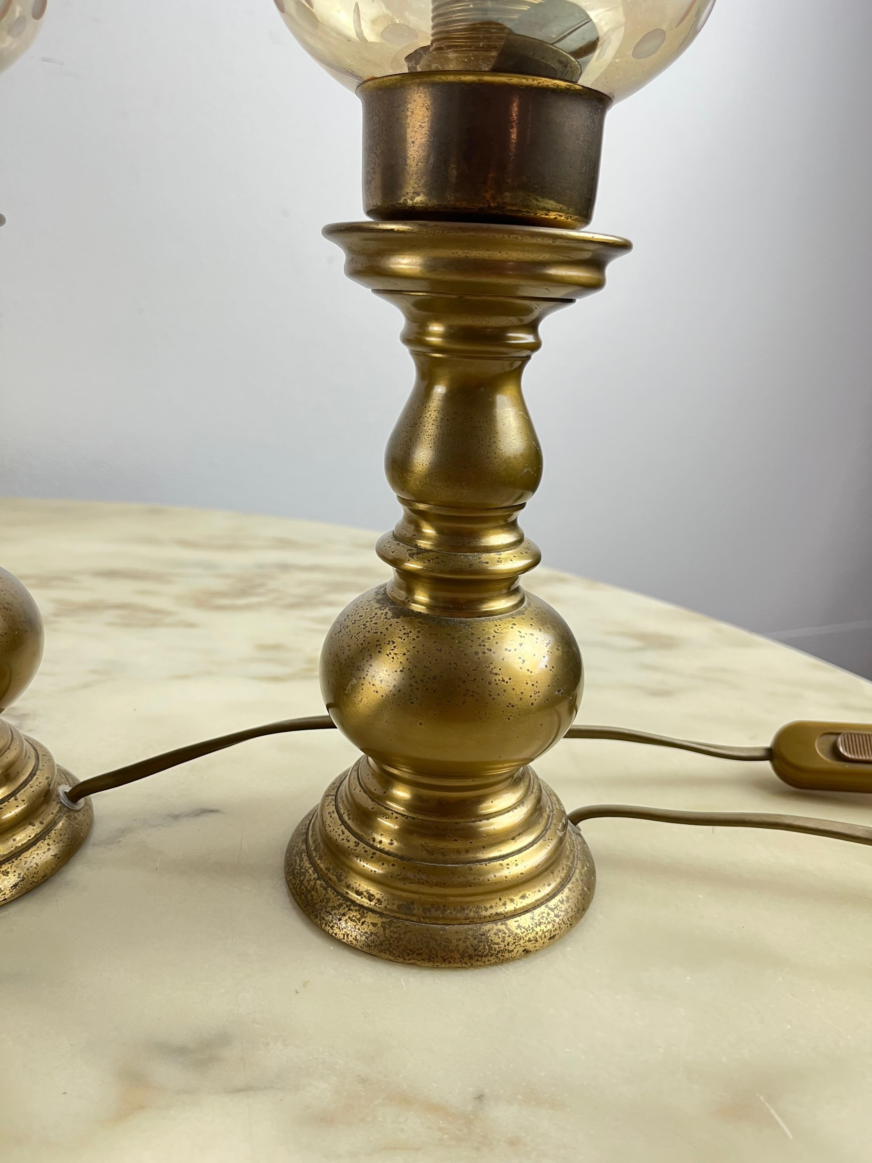 Italian  Pair of Bedside Table Lamps, Brass and Glass, Italy, 80s For Sale