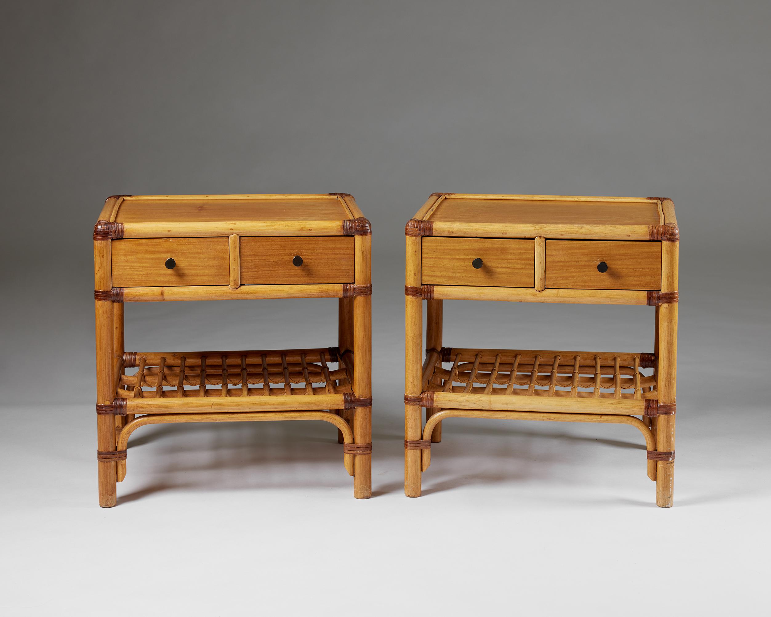 Mid-Century Modern Pair of bedside tables, anonymous for DUX, Sweden, 1960s, cane, rattan, teak For Sale