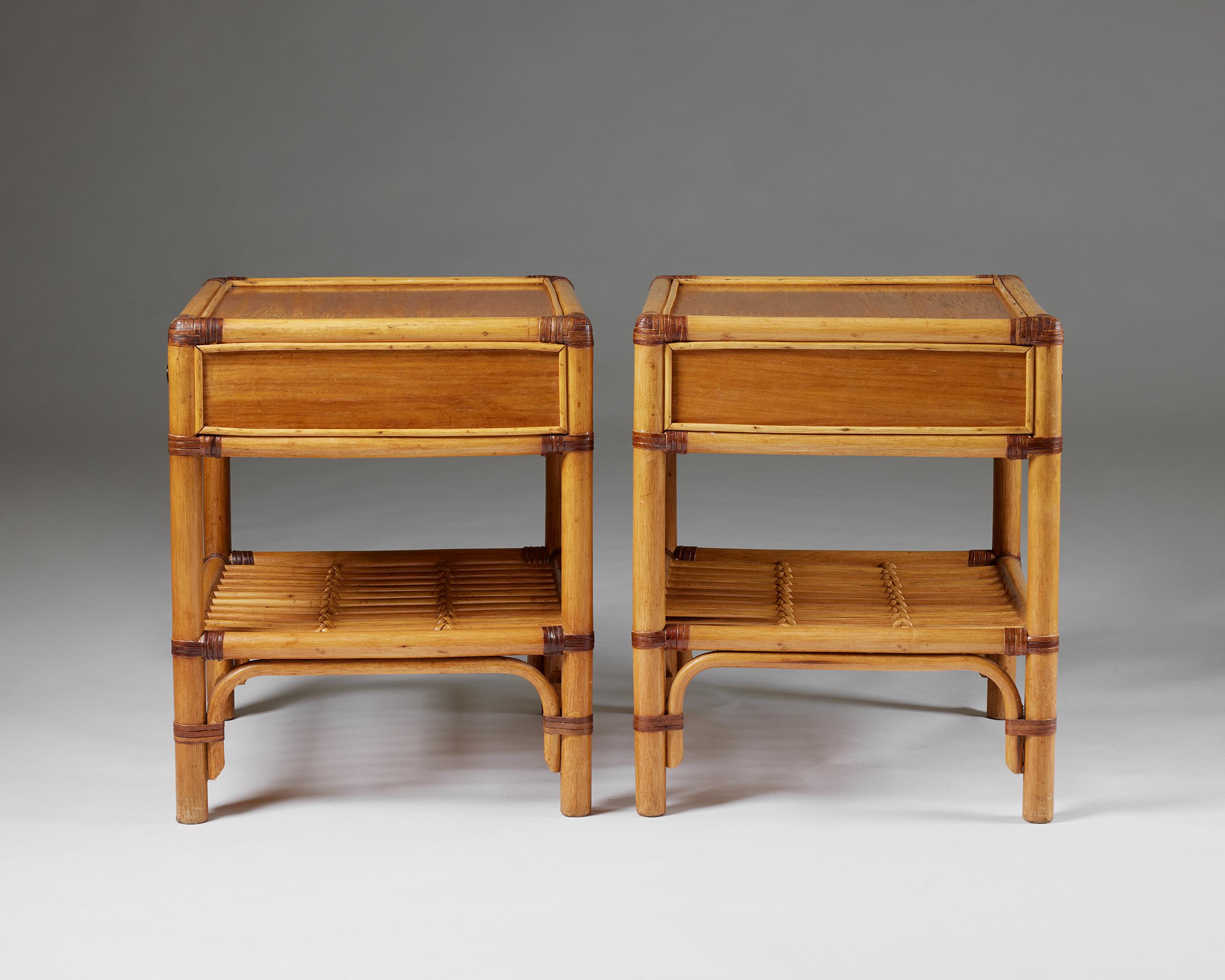 Swedish Pair of bedside tables, anonymous for DUX, Sweden, 1960s, cane, rattan, teak For Sale