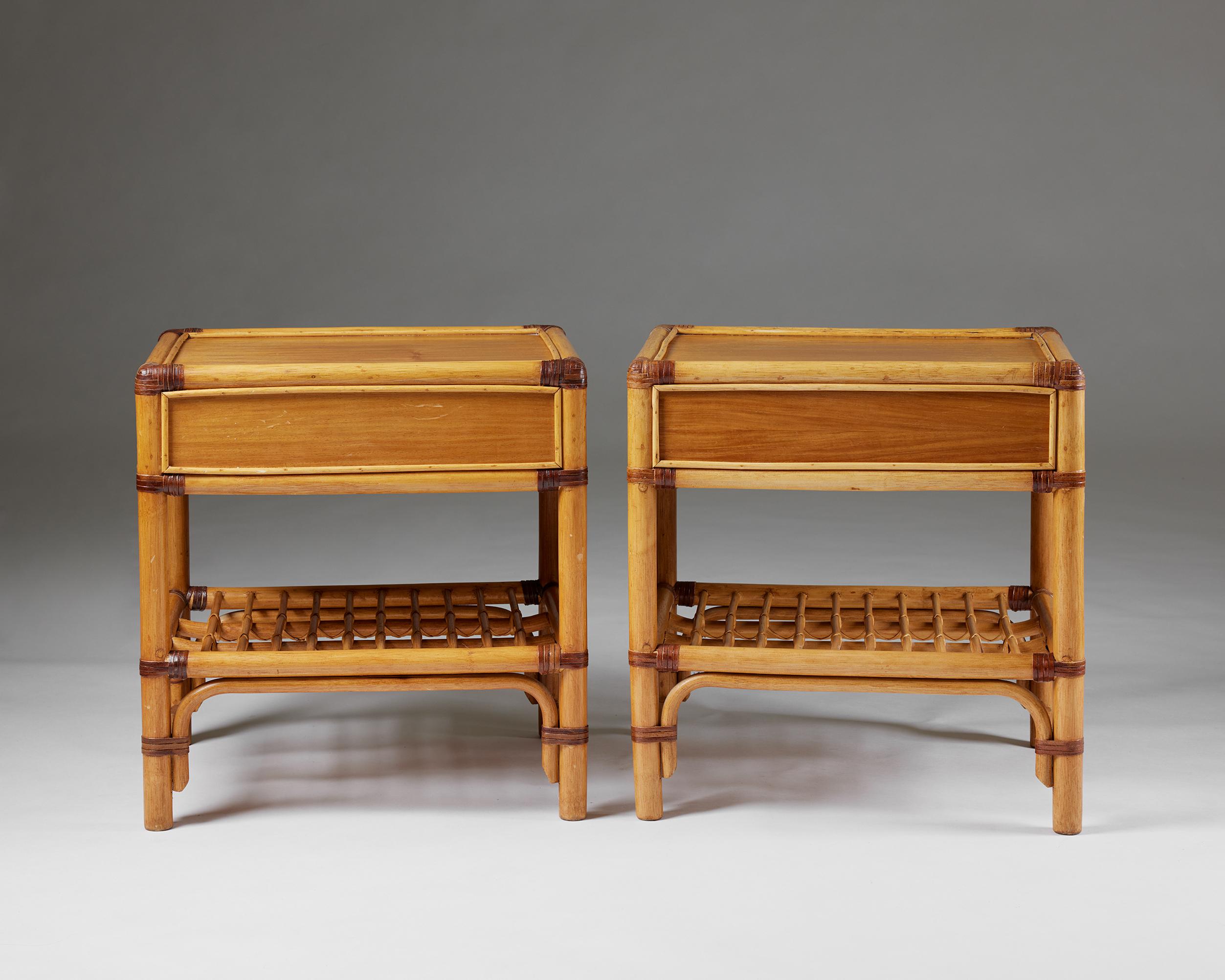 Pair of bedside tables, anonymous for DUX, Sweden, 1960s, cane, rattan, teak In Good Condition For Sale In Stockholm, SE