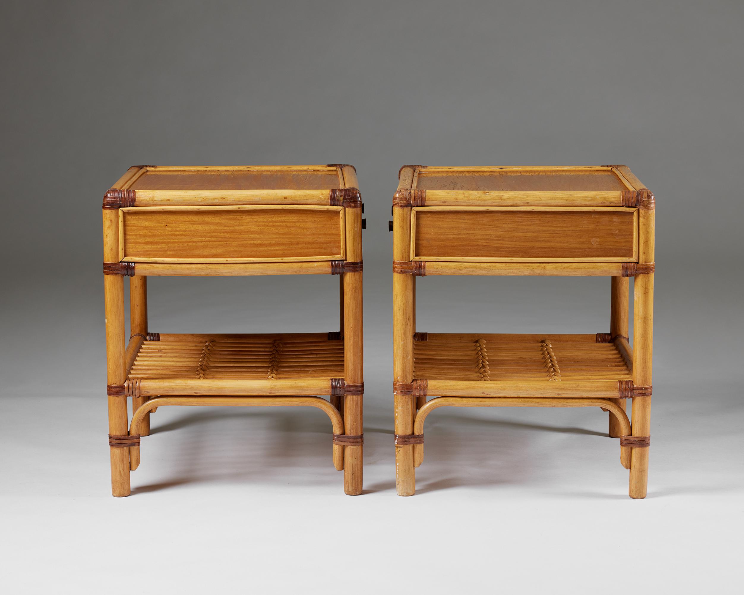 Mid-20th Century Pair of bedside tables, anonymous for DUX, Sweden, 1960s, cane, rattan, teak For Sale