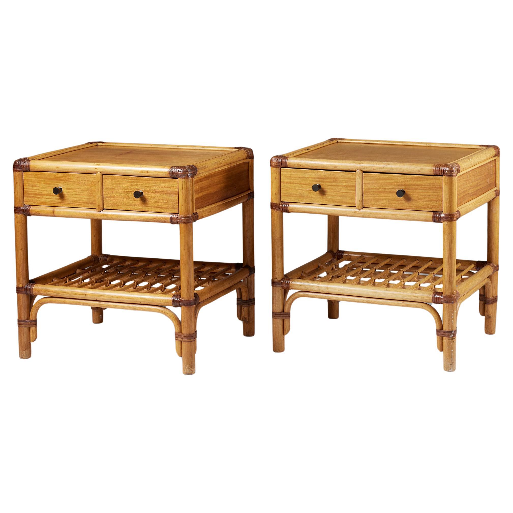 Pair of bedside tables, anonymous for DUX, Sweden, 1960s, cane, rattan, teak For Sale