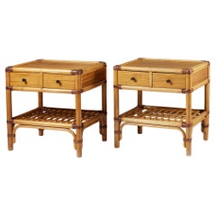 Pair of bedside tables, anonymous for DUX, Sweden, 1960s, cane, rattan, teak