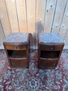 Pair of bedside tables – Art Deco period – Solid oak and marble