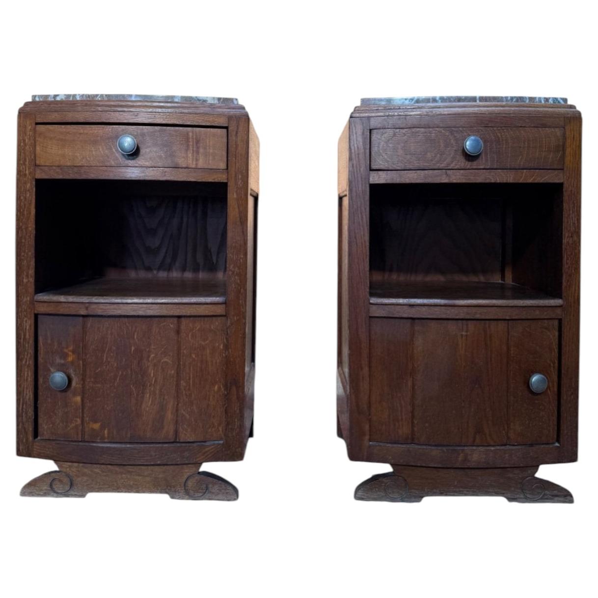 Pair of bedside tables – Art Deco period – Solid oak and marble