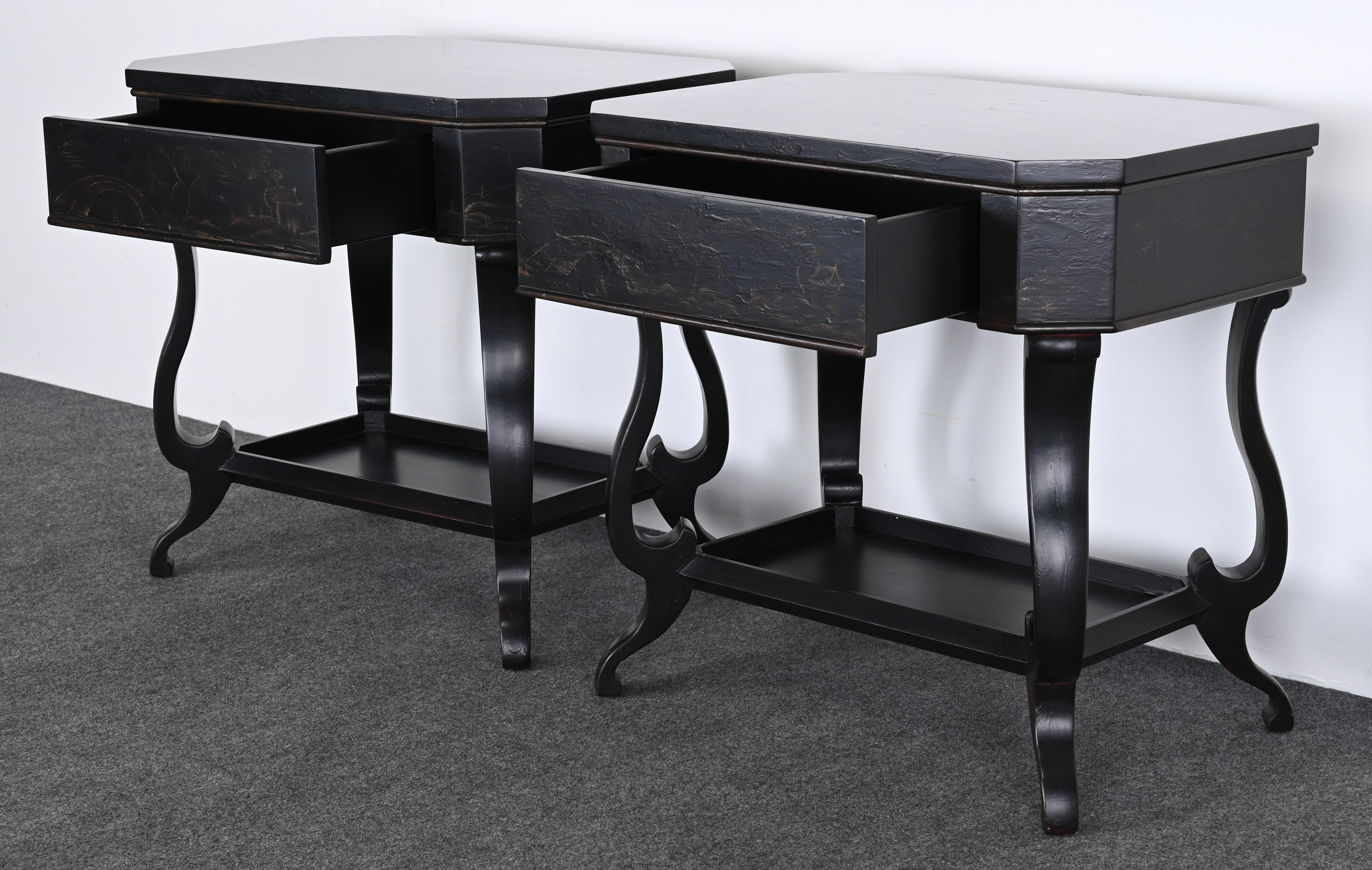 A stunning pair of Chinoiserie nightstands or bedside tables by Baker Furniture Company from the Historic Charleston Collection. This pair of tables would look great in any traditional or contemporary setting. The Chinoiserie finish is a