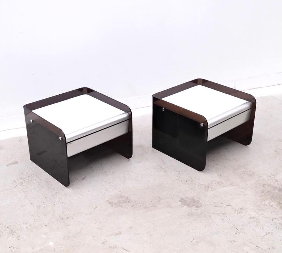 This Bernard Govin night sands are the only one currently on the market. Its design is as precise as the other pieces by this designer. The workmanship is of the highest quality. 
Bernard Govin is a French designer and interior designer who was born