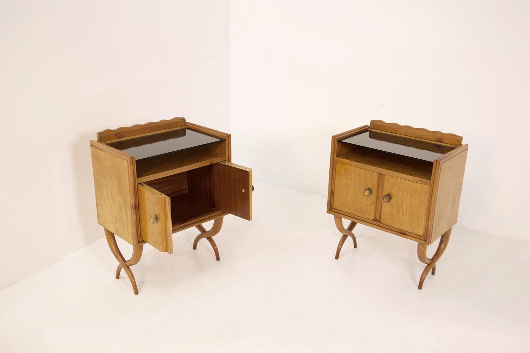 Pair of Bedside Tables by Paolo Buffa in Wood Glass and Brass, 1950s 3