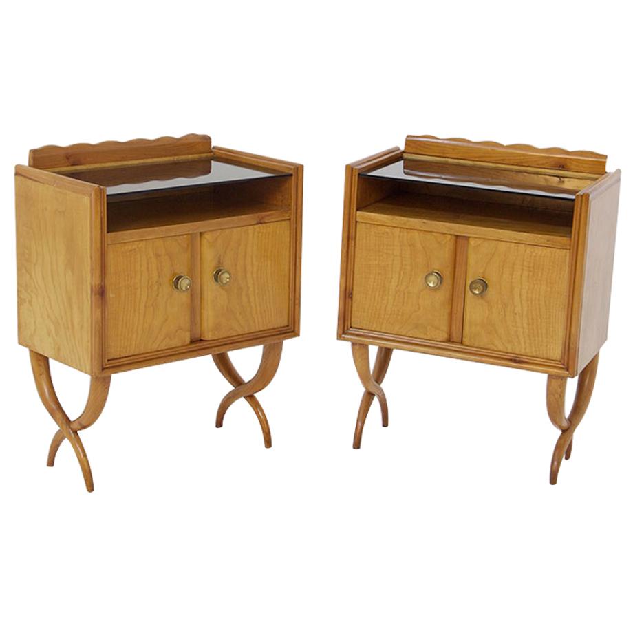 Pair of Bedside Tables by Paolo Buffa in Wood Glass and Brass, 1950s