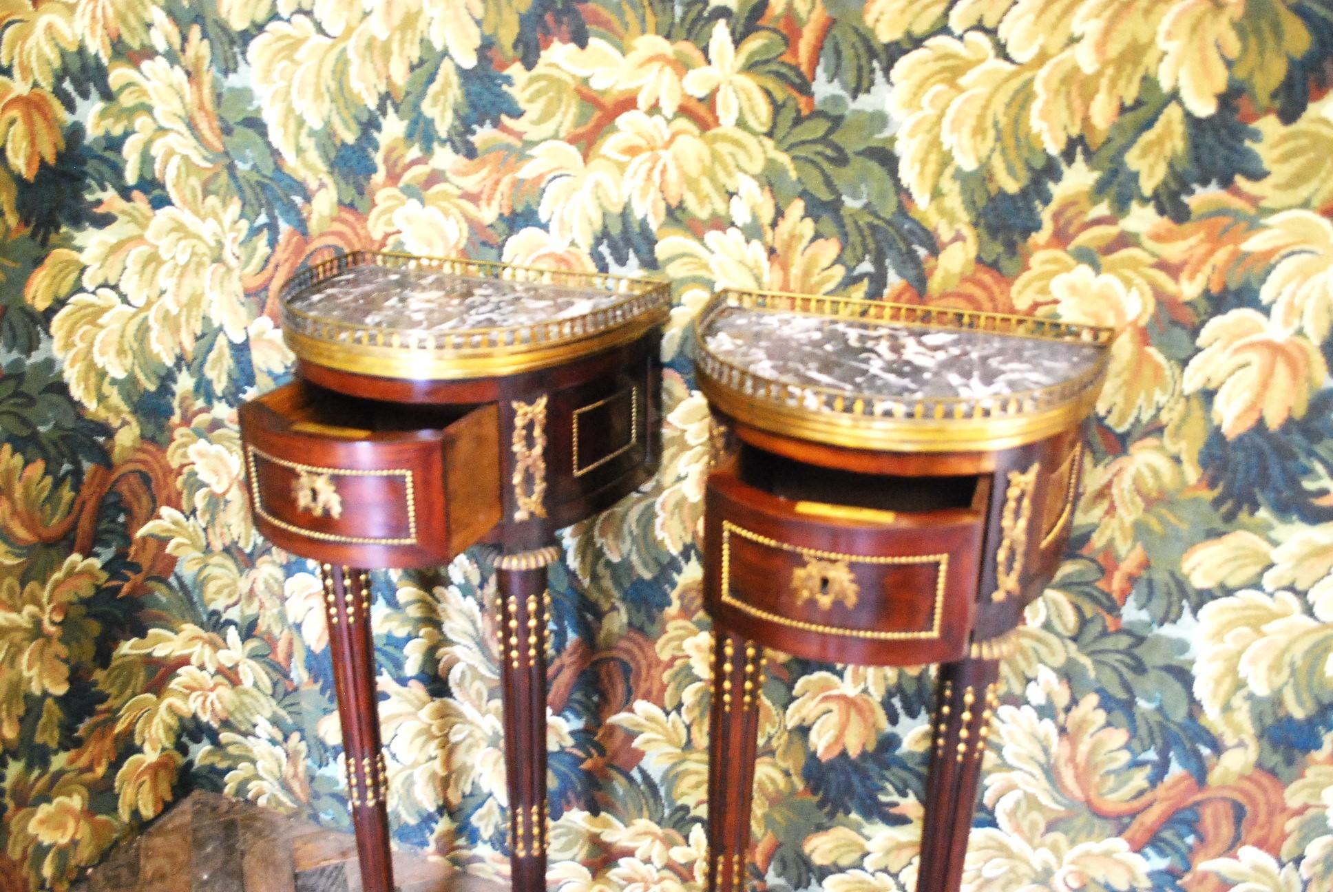 Hutton-Clarke Antiques freut sich, ein fesselndes Paar belgischer Nachttische zu präsentieren, die um 1900 hergestellt wurden. Diese Tische strahlen zeitlosen Charme und Qualität aus. Die eingelassenen Marmorplatten verleihen einen Hauch von