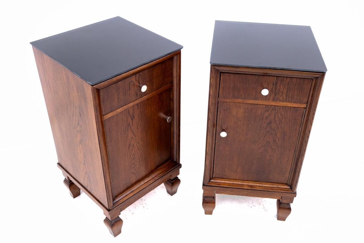 Bedside tables from around 1930, Poland.

Furniture in very good condition, after professional renovation.

Dimensions: height 77 cm / width 39 cm / depth 39 cm