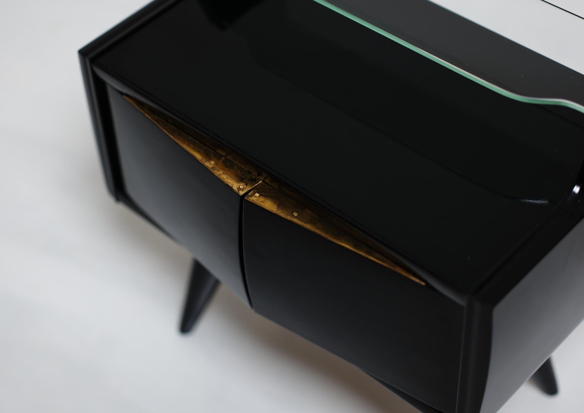 Pair of Bedside Tables in Black Lacquered Wood, Brass and Glass, 1950s 6