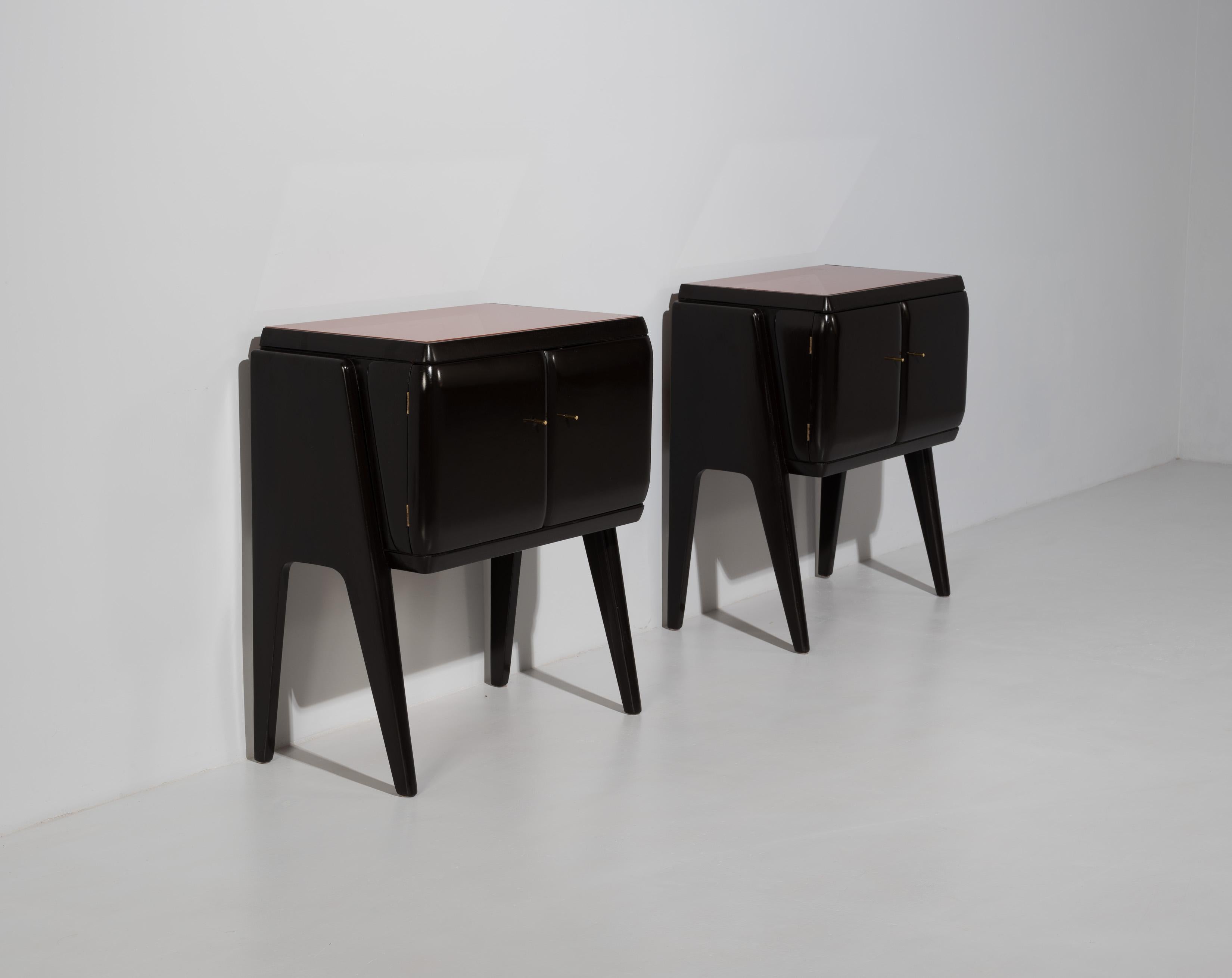 Pair of Bedside Tables in Black Lacquered Wood, Brass and Glass, 1950s 5