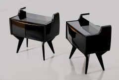 Pair of Bedside Tables in Black Lacquered Wood, Brass and Glass, 1950s